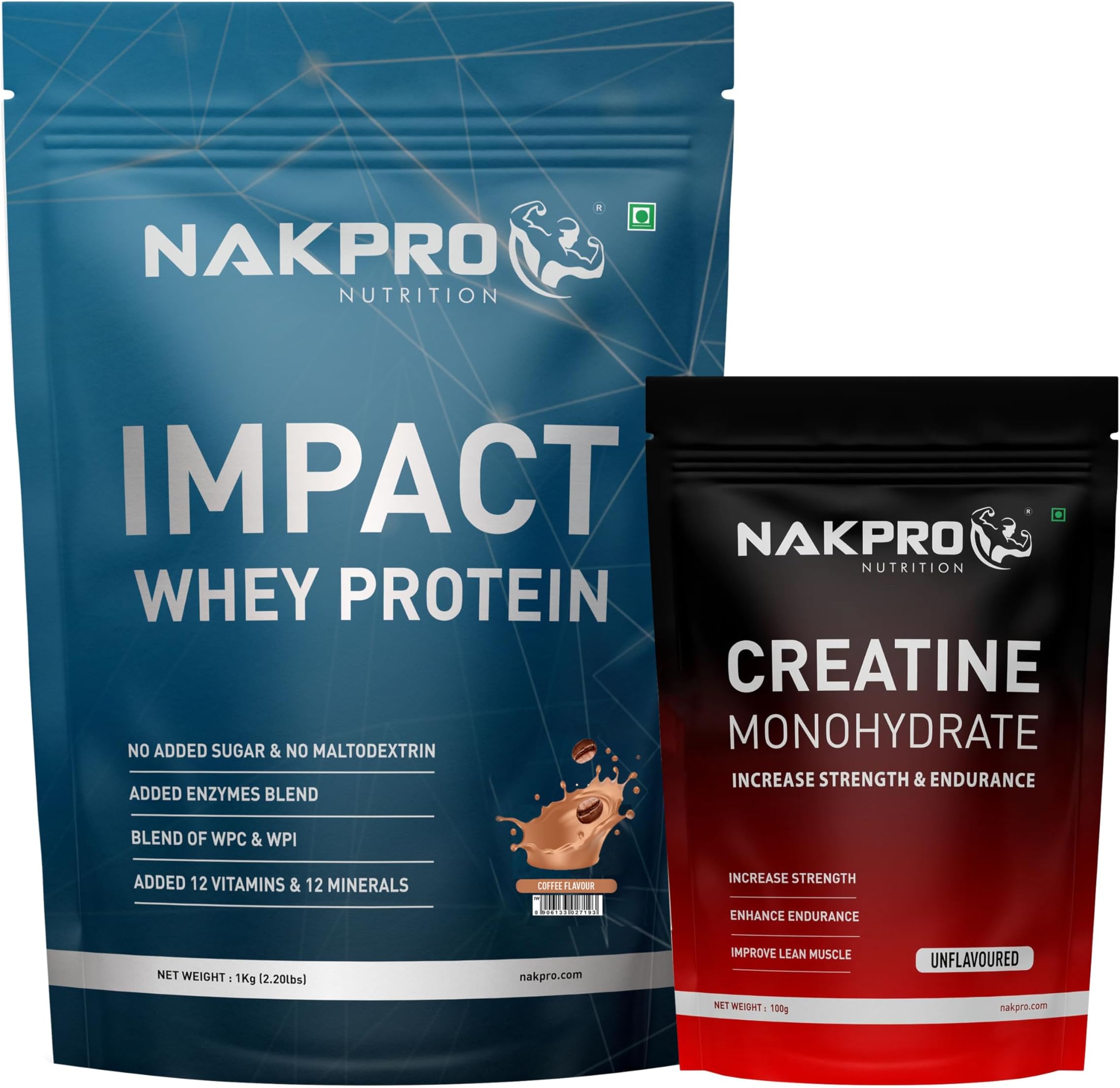 NAKPRO NUTRITION Impact Whey Protein Supplement Powder Combo (1 kg with 100g Creatine, Coffee)