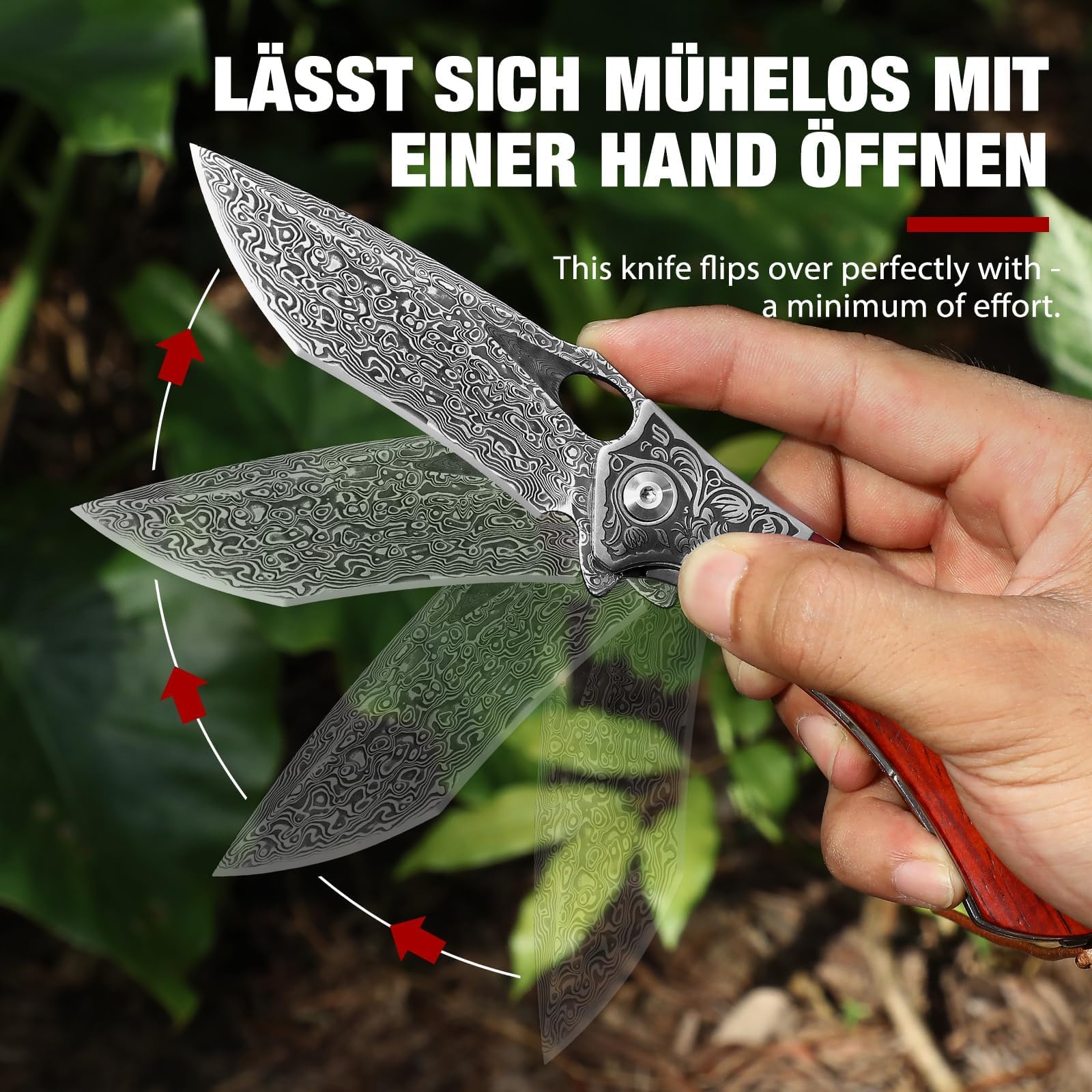 DRACHENADER Acero de Damasco de de un solo filo navaja de bolsillo con funda de cuero hermoso, cuchillo plegable al aire libre VG10 Kern mango de madera de regalo