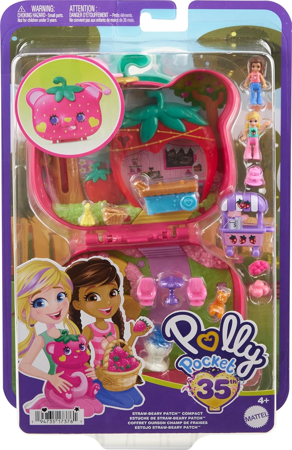 Polly Pocket Playset with 2 Micro Dolls & 12 Accessories, Straw-Beary Patch Compact Travel Toy with Fidget Exterior