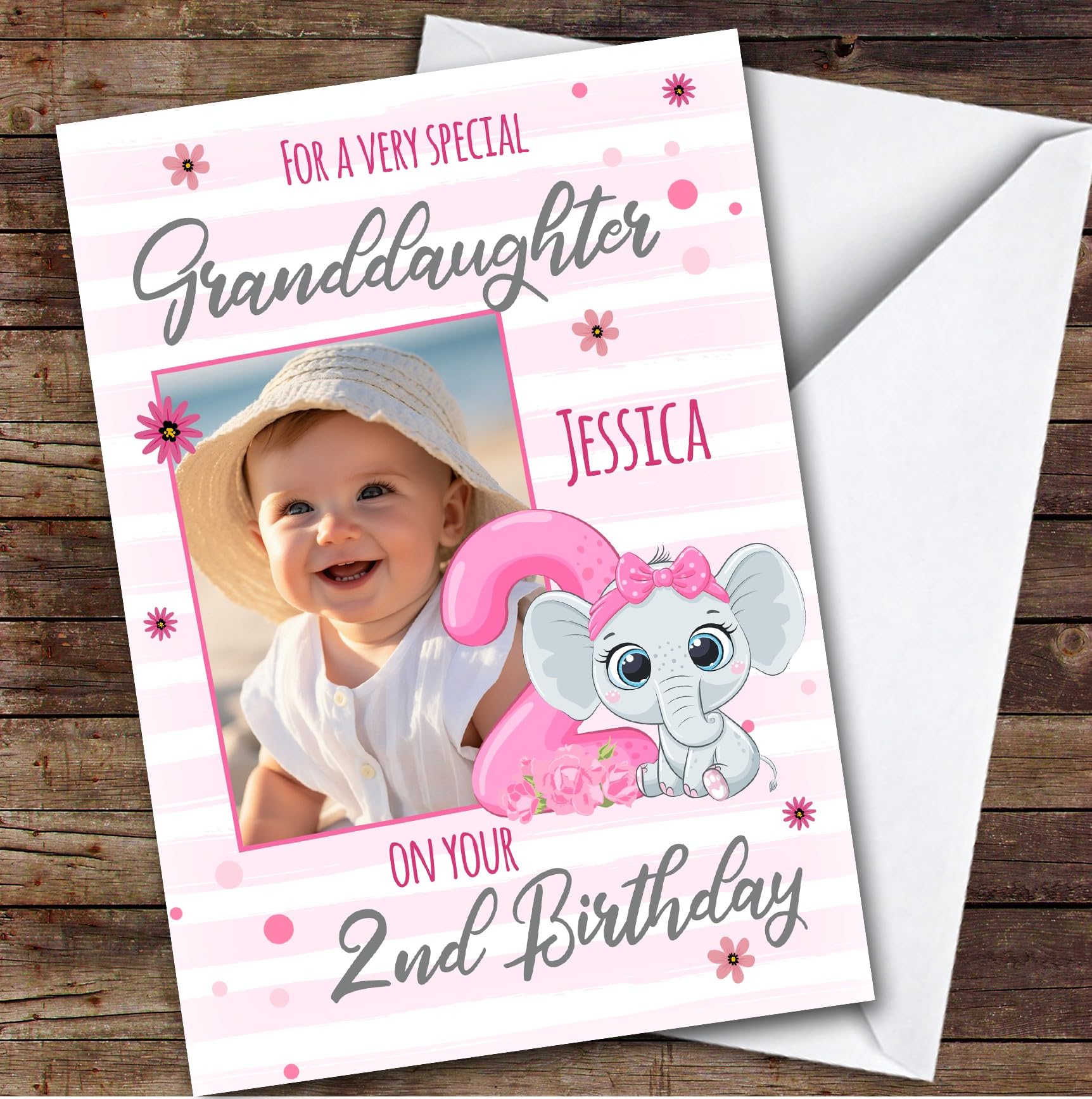 Granddaughter 2nd Pink Floral Elephant Photo Custom Personalised Birthday Card - Personalised Birthday Card For 2nd Birthday, Custom Birthday Card