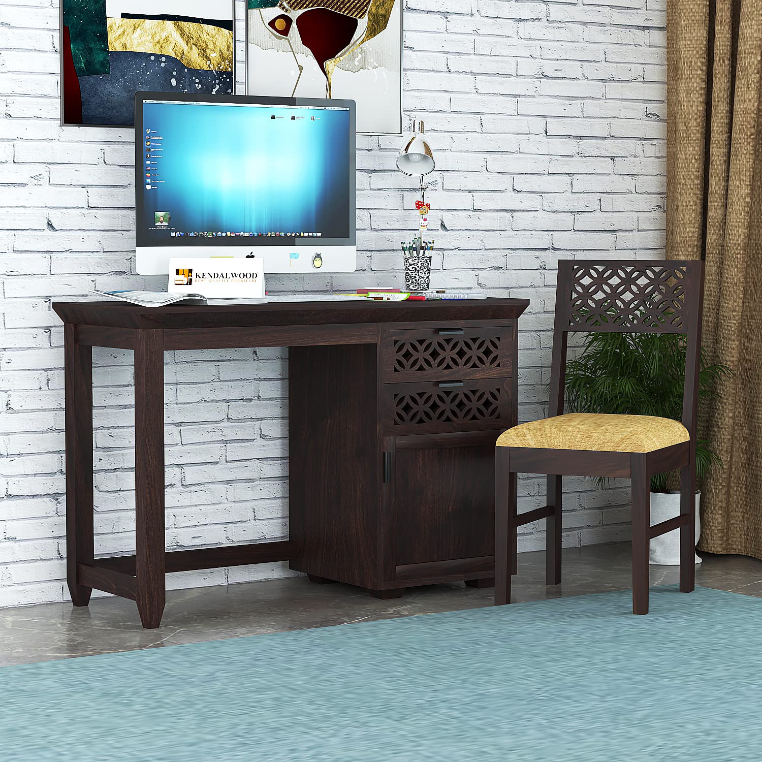 Hariom Handicraft KendalWood Furniture Solid Sheesham Wood Wooden Office Table & Chair Set | Office Desk - Study Table (Study Table, Chestnut Finish)