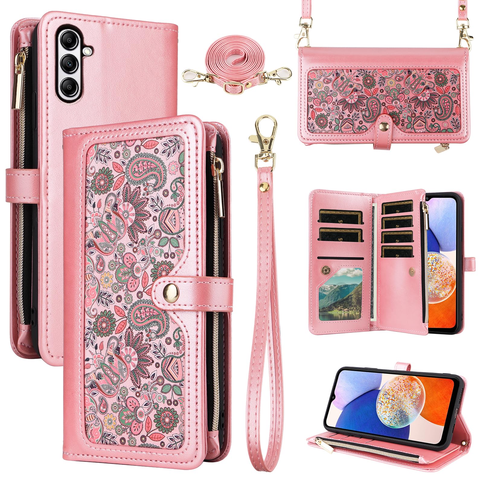 Dswteny for Samsung Galaxy A05s/A05 Floral Wallet Case with Wrist Strap Shoulder Strap Zipper Purse, PU Leather Folio Flip Credit Card Holder Stand