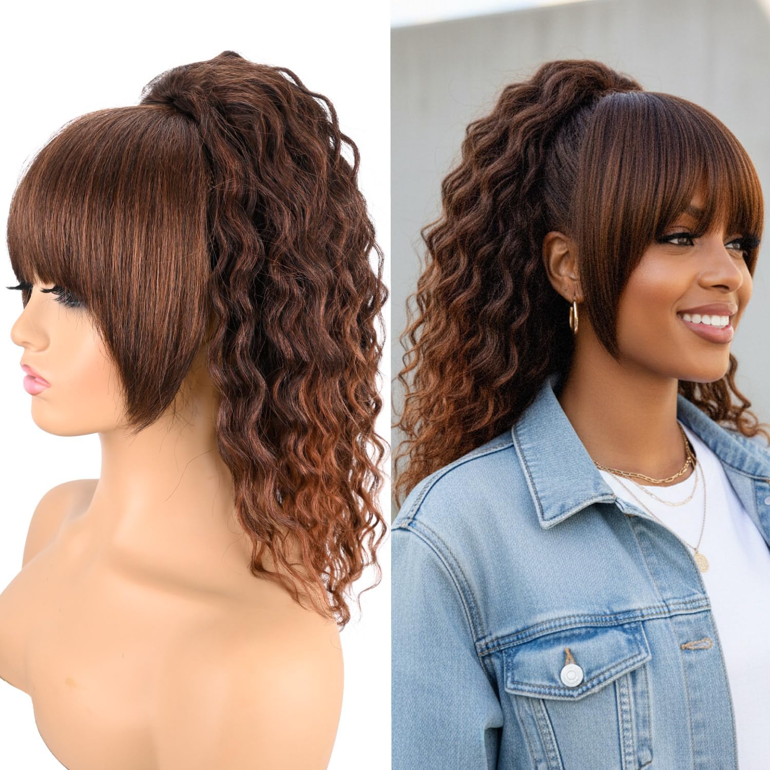 Ponytail Extension with Bangs,Yaki Curly Drawstring Ponytail Extension for Women 20 Inch Long Black Wavy Layered Pony Tails Hair Extensions Synthetic Clip in Ponytail Hairpiece for Women