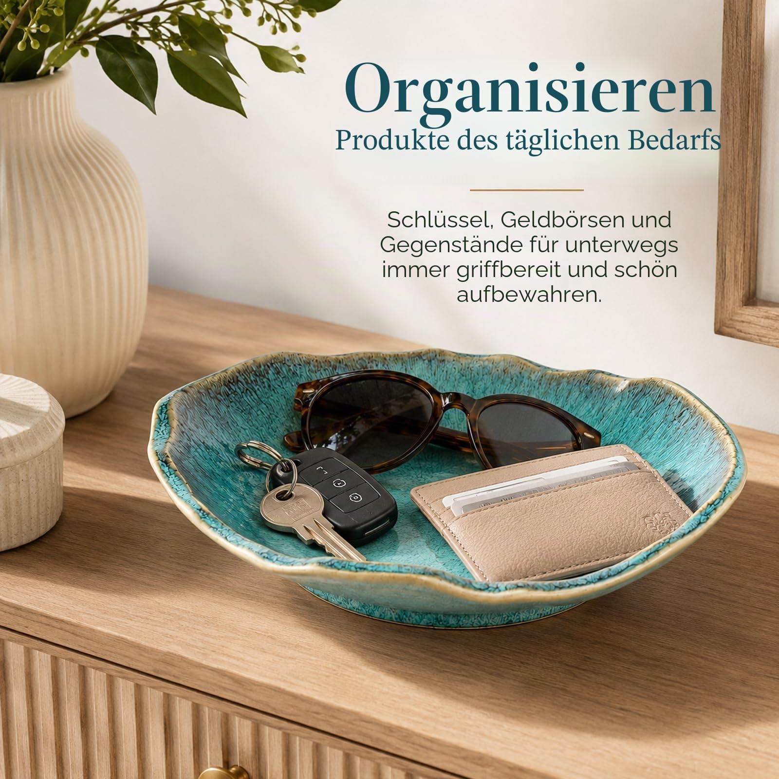 Grüne dekorative Keramikschale – 30,5 cm Obstschale, Süßigkeitenschale, Schlüsselschale für Eingangstisch, Schmuckschale, Ringschale, Schmucktablett, Porzellan-Sammelschale für Küche, Nachttisch