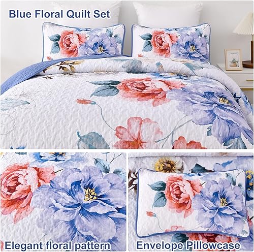 Miniatura 5 de Juego de edredón floral azul, tamaño Queen, 3 piezas con estampado de flores botánicas en blanco, juego de ropa de cama de microfibra suave y ligera