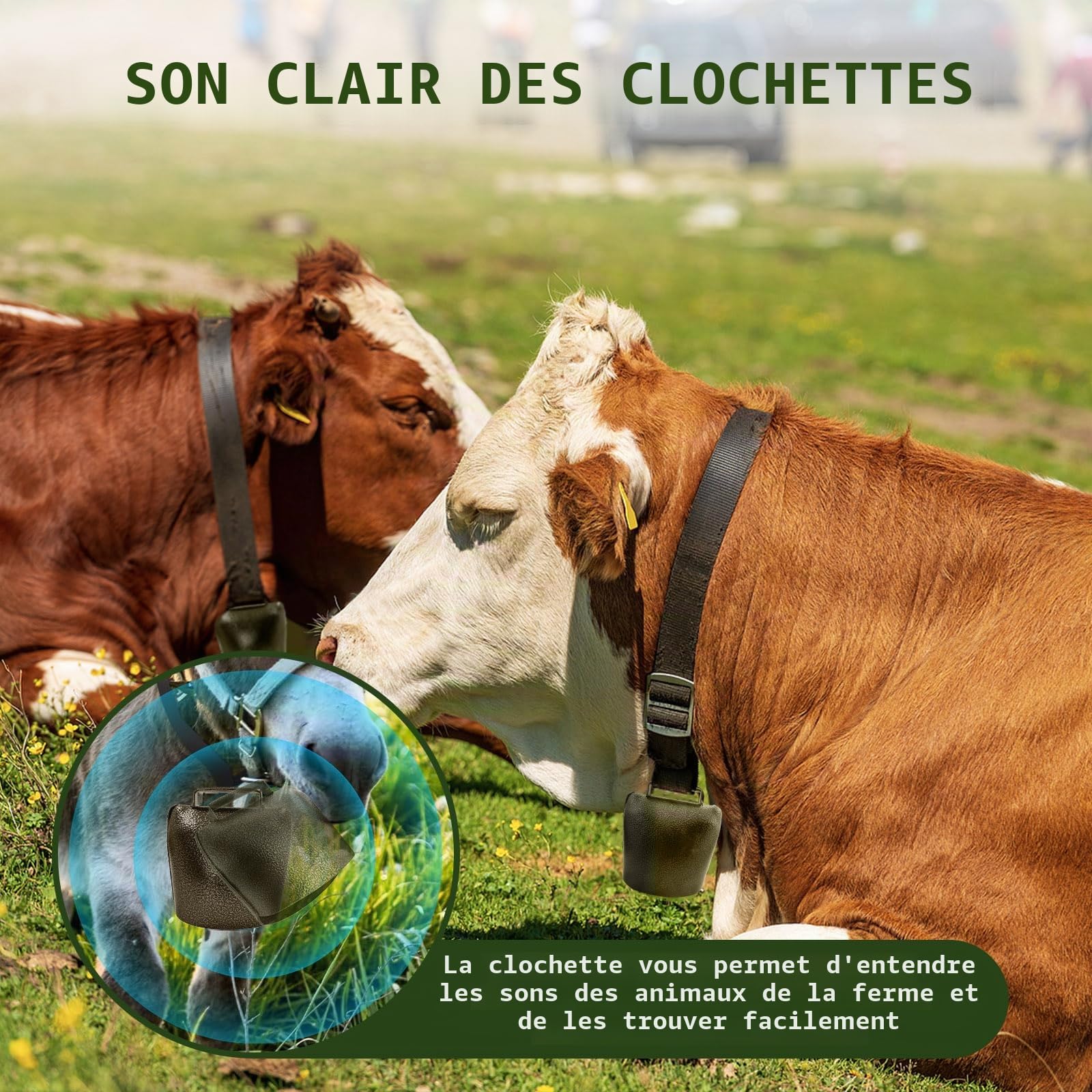 Lot de 2 cloches de vache en bronze avec son net, cloches en cuivre pâturage en métal, pour animaux bruyants anti-perte, accessoires de collier pour chèvre, cheval, mouton (bronze)
