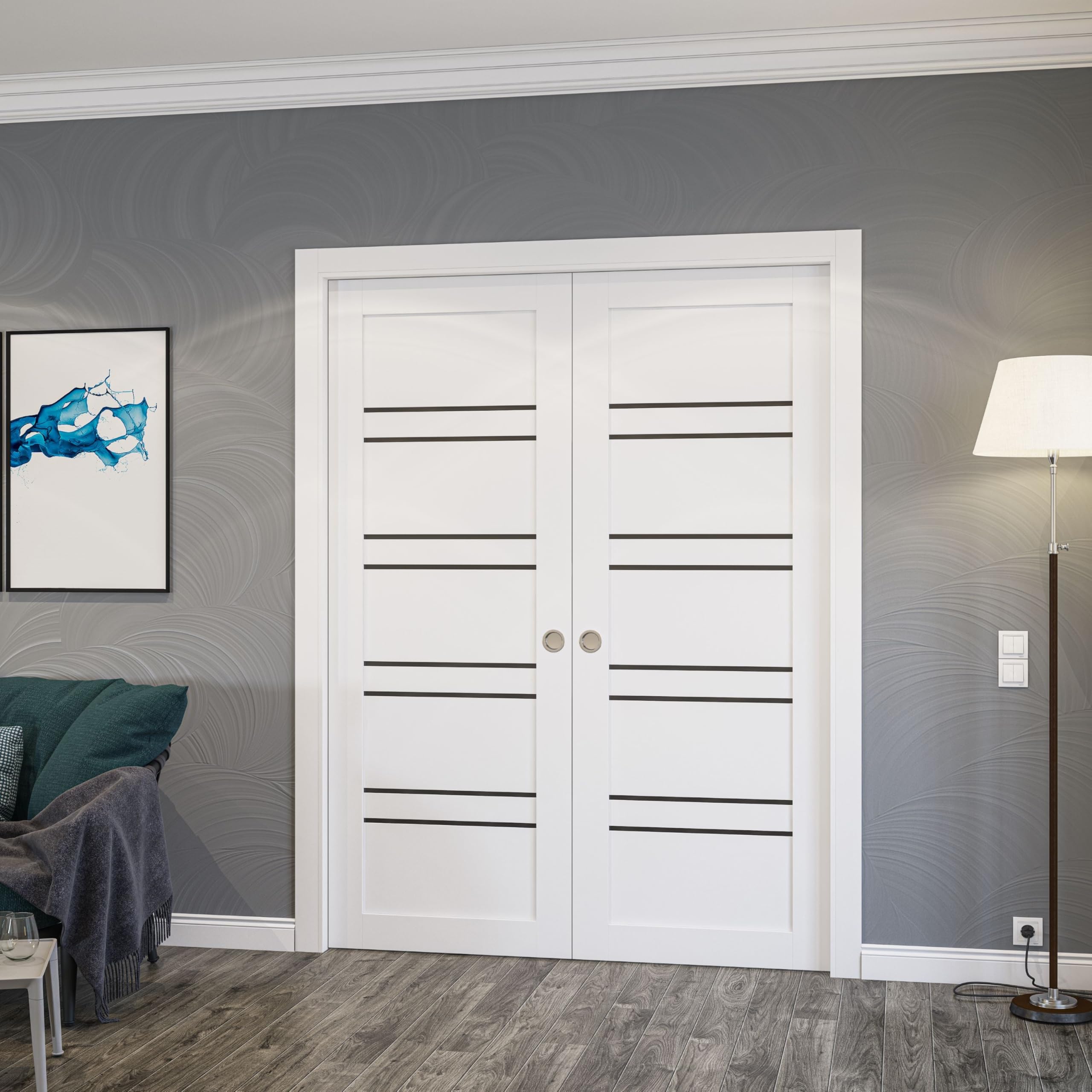 SARTODOORS Double Pocket Doors 60 x 80 inches | Base 1094 White Double Pocket Doors | Opaque Glass MDF Modern | Living Room Office