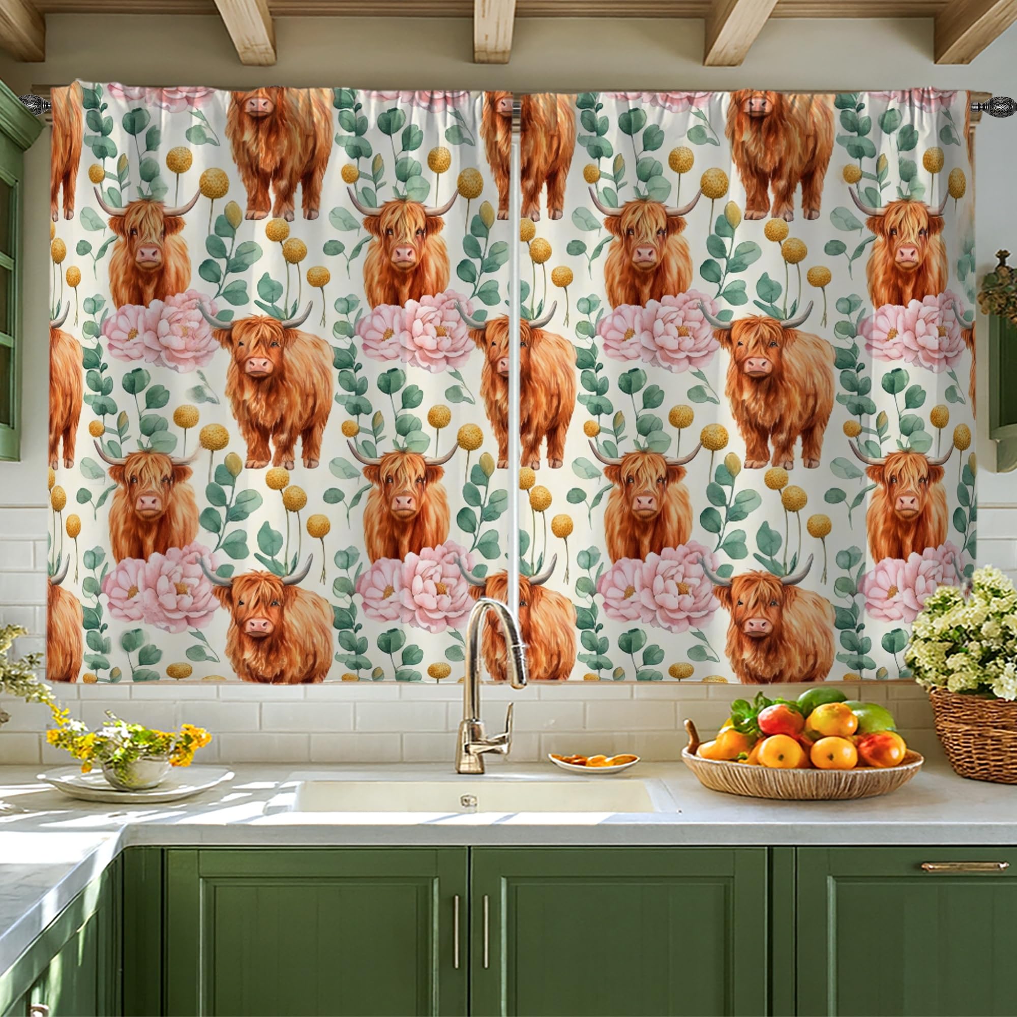 Rideaux de cuisine vache Highland orange pivoine 106x114 pour fenêtre et évier