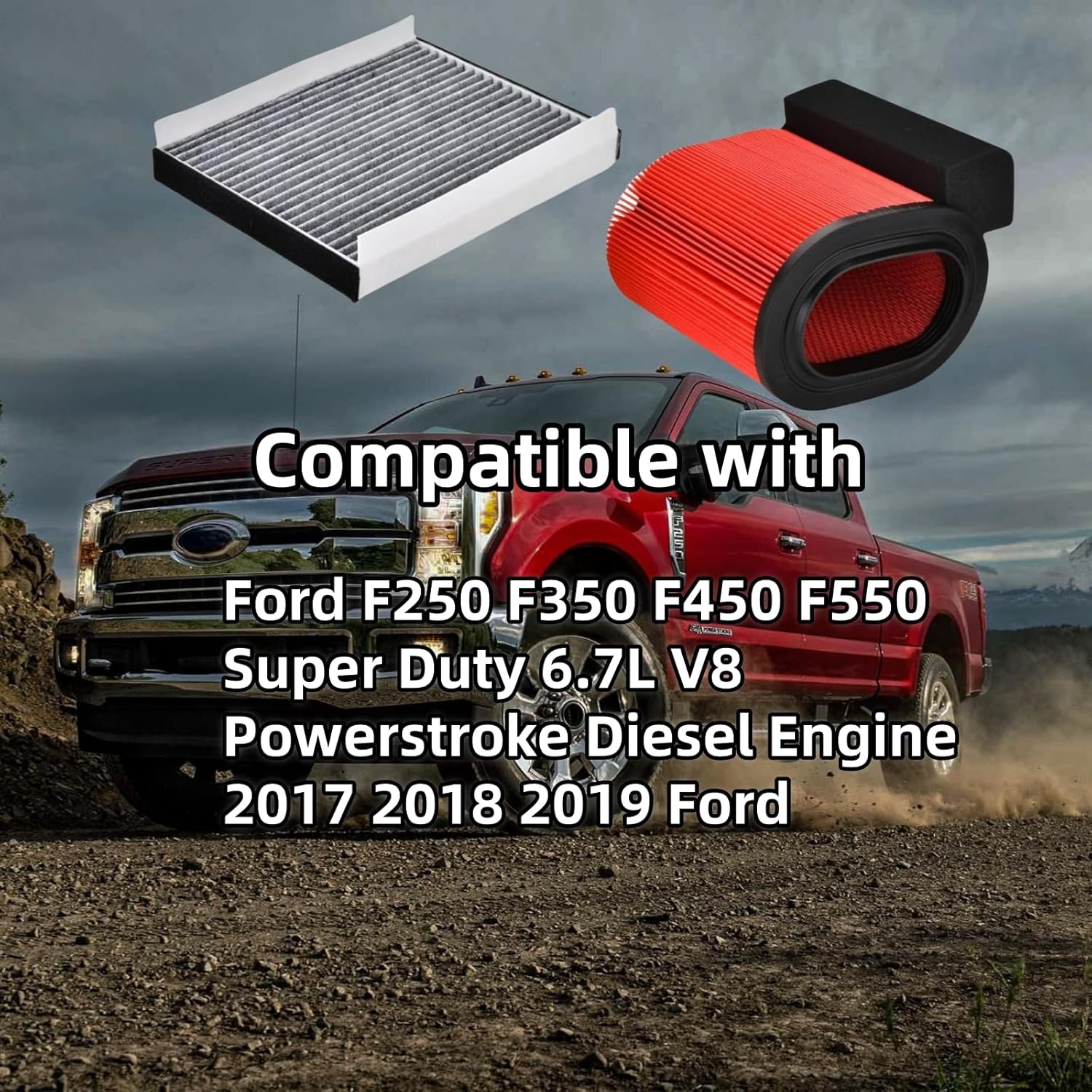 FA1927 FP79 Engine Air Filter(Red) and Cabin Air Filter with Activated Carbon Fits for 2017 2018 2019 Ford F250 F350 F450 F550 Super Duty 6.7L V8 Powerstroke Diesel Engine