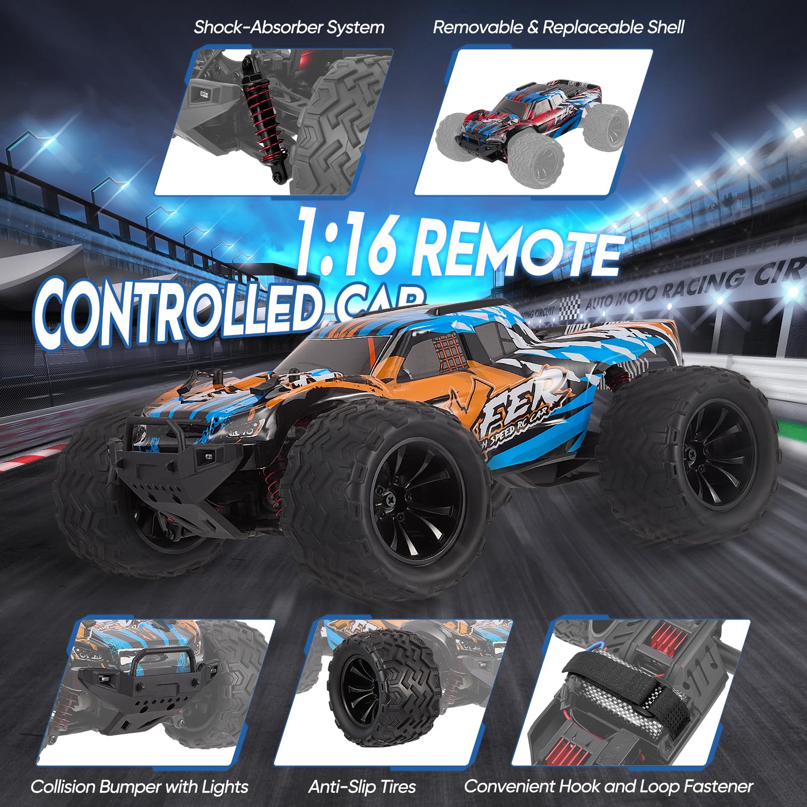 Ferngesteuertes Auto,9501E RC Auto 1:16, 4WD Offroad Truck, 60 km/h, 2×1500mAh Akku, wasserdicht, 2,4 GHz Fernsteuerung, für Kinder