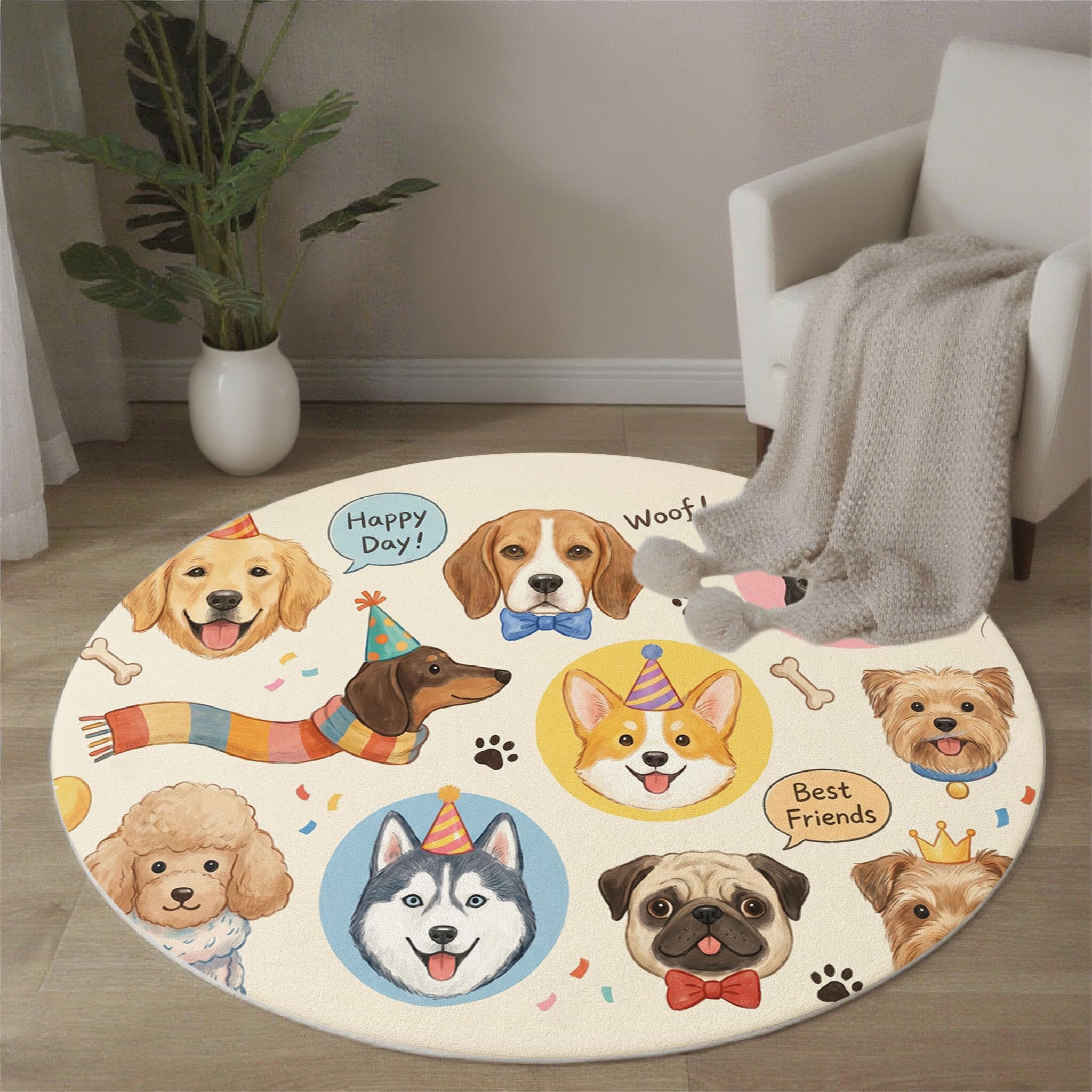 Teppich Bunt Rund 160cm, Flauschiger Kurzflor Haustiere Kindheitserinnerungen runder Teppich, Waschbarer Flanell Welpe Partyhut Knochen Teppiche, für Kinderzimmer Spielzimmer Küche Flur