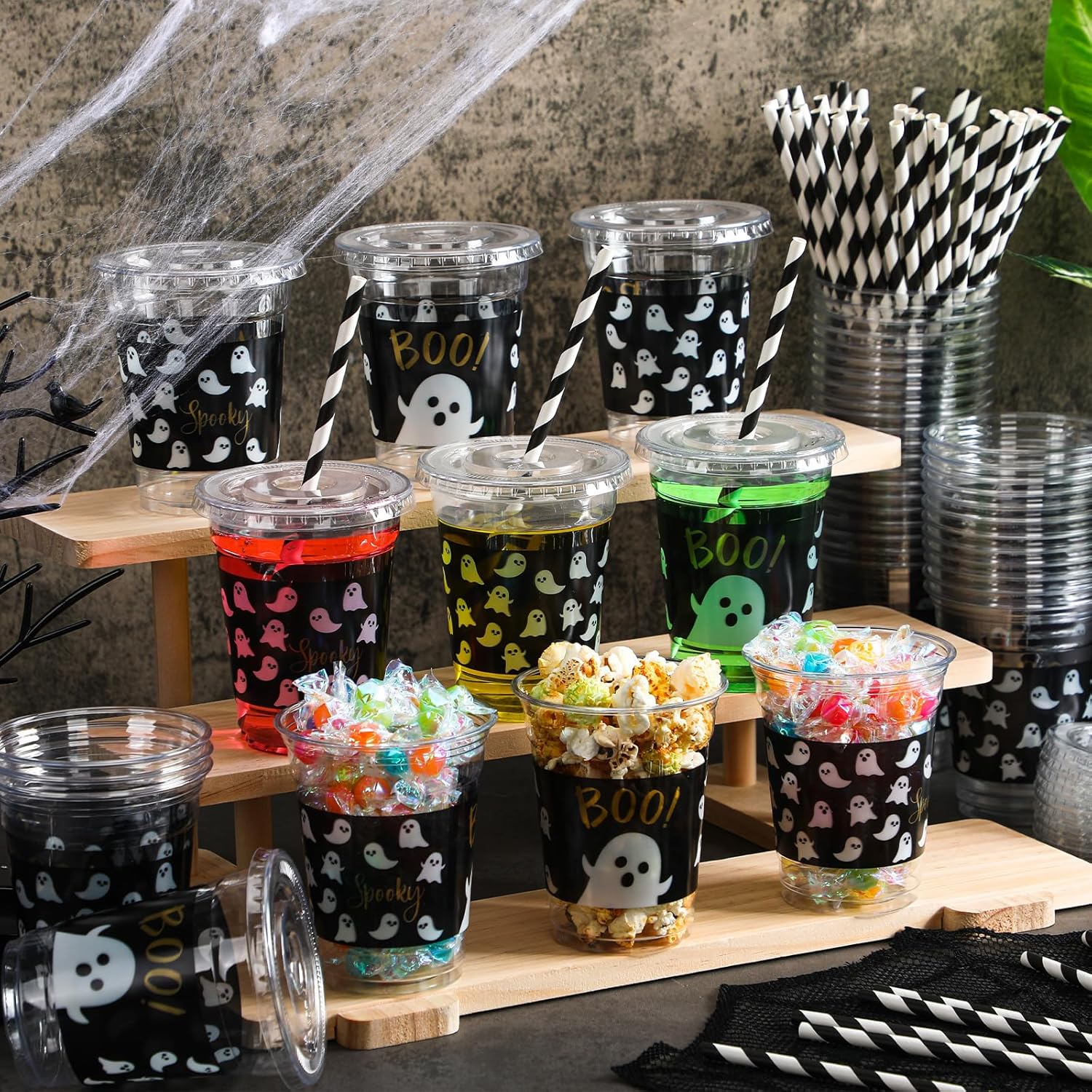 50 Pcs Party Disposable Plastic Cups 12 oz with Lids Straws Themed Party Supplies Plastic Tumbler for Birthday Table Decorations Favors(Halloween Ghost,Black) - Image 4