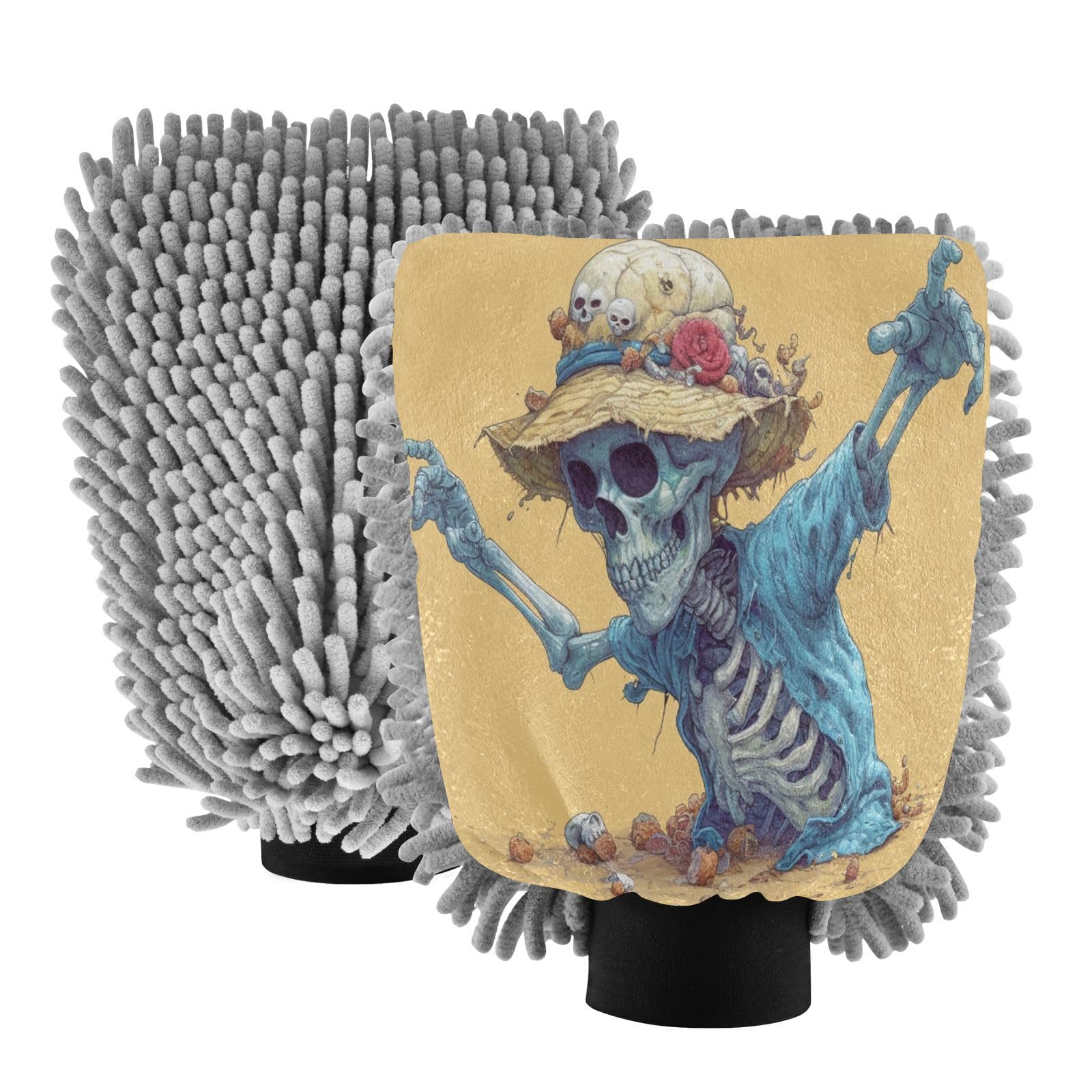 ALAZA Skull Rock Car Wash Mitt Scratch Free, 2 Pack Absorbent Microfiber/Chenille Washing & Drying Mitts, M