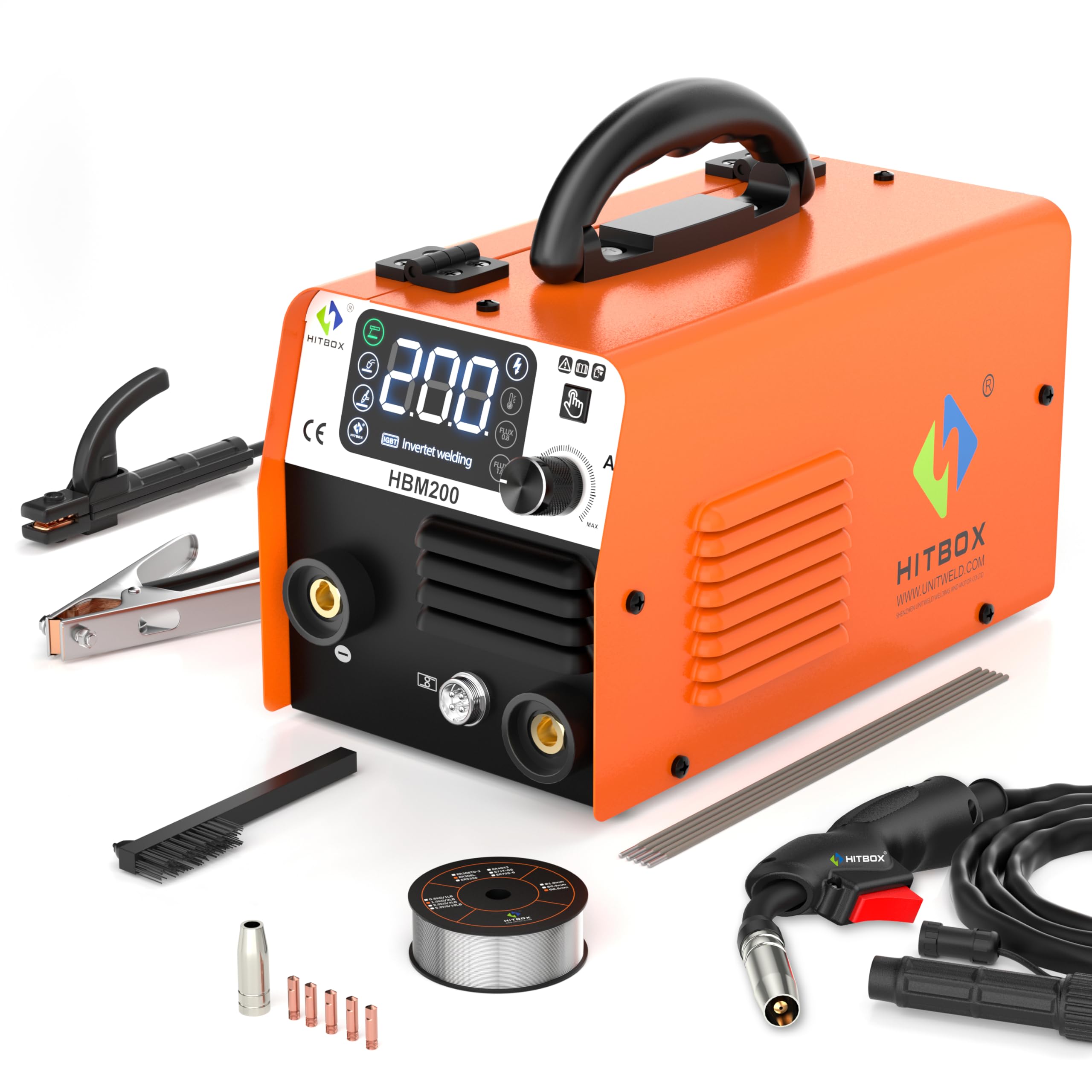 HITBOX 200A Gasless MIG Welder 240V, Portable IGBT Inverter Welding Machine 3-in-1 MIG/Stick/Lift TIG with Digital LED Screen, MIG Torch & Flux Core Wire (HBM200)