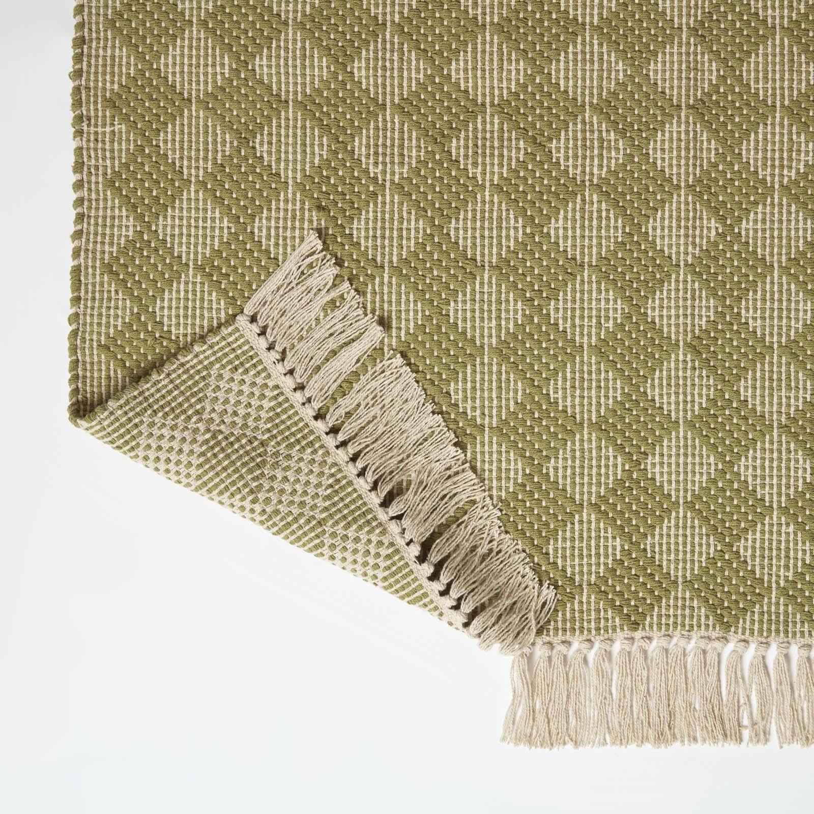 HOMESCAPES Tapis Vert en Coton Lima, Tapis rectangulaire 120x170 cm, Tapis géométrique à Franges