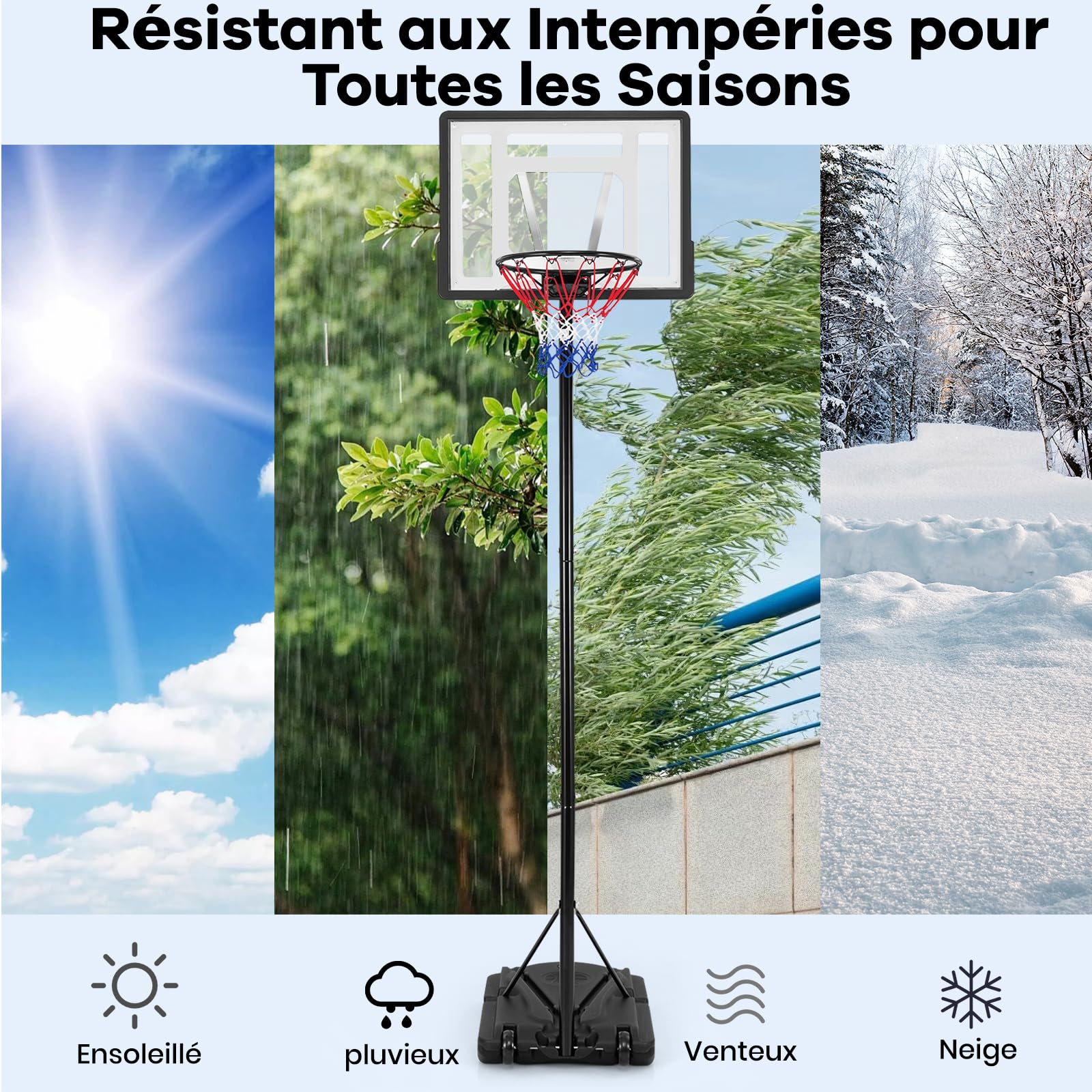 GYMAX Panier de Basket Extérieur, Réglable en Hauteur 172-305cm, avec Panneau Incassable, Base Stable et Remplissable, Roues Intégrées, pour Intérieur et Extérieur, pour Enfants, Adolescents, Adultes