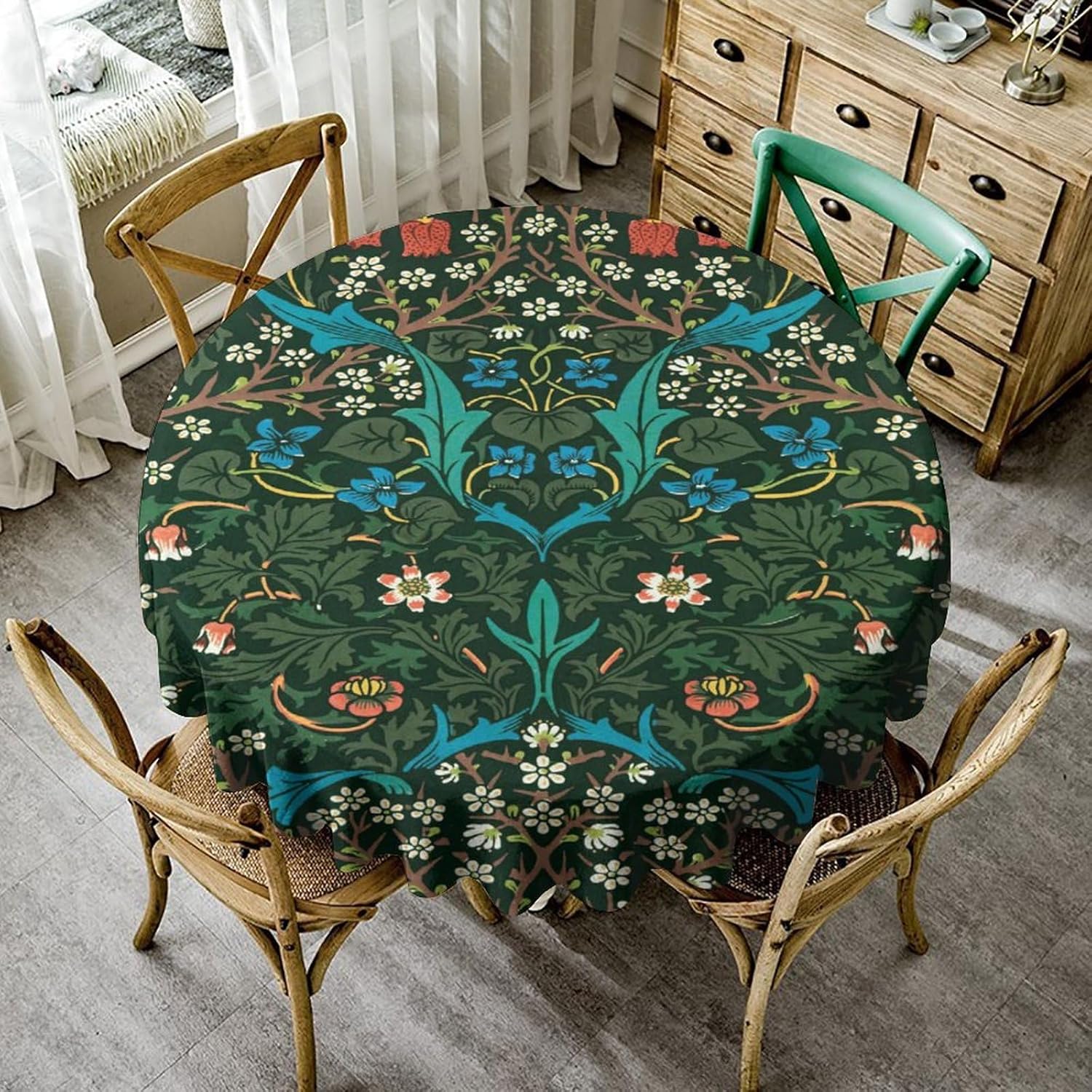 Bohemia William Morris Retro Round Tablecloth, Botanical Patterned William Morris Floral Tablecloth for Home Party Dining Room Kitchen Decor 54Inch(137cm)