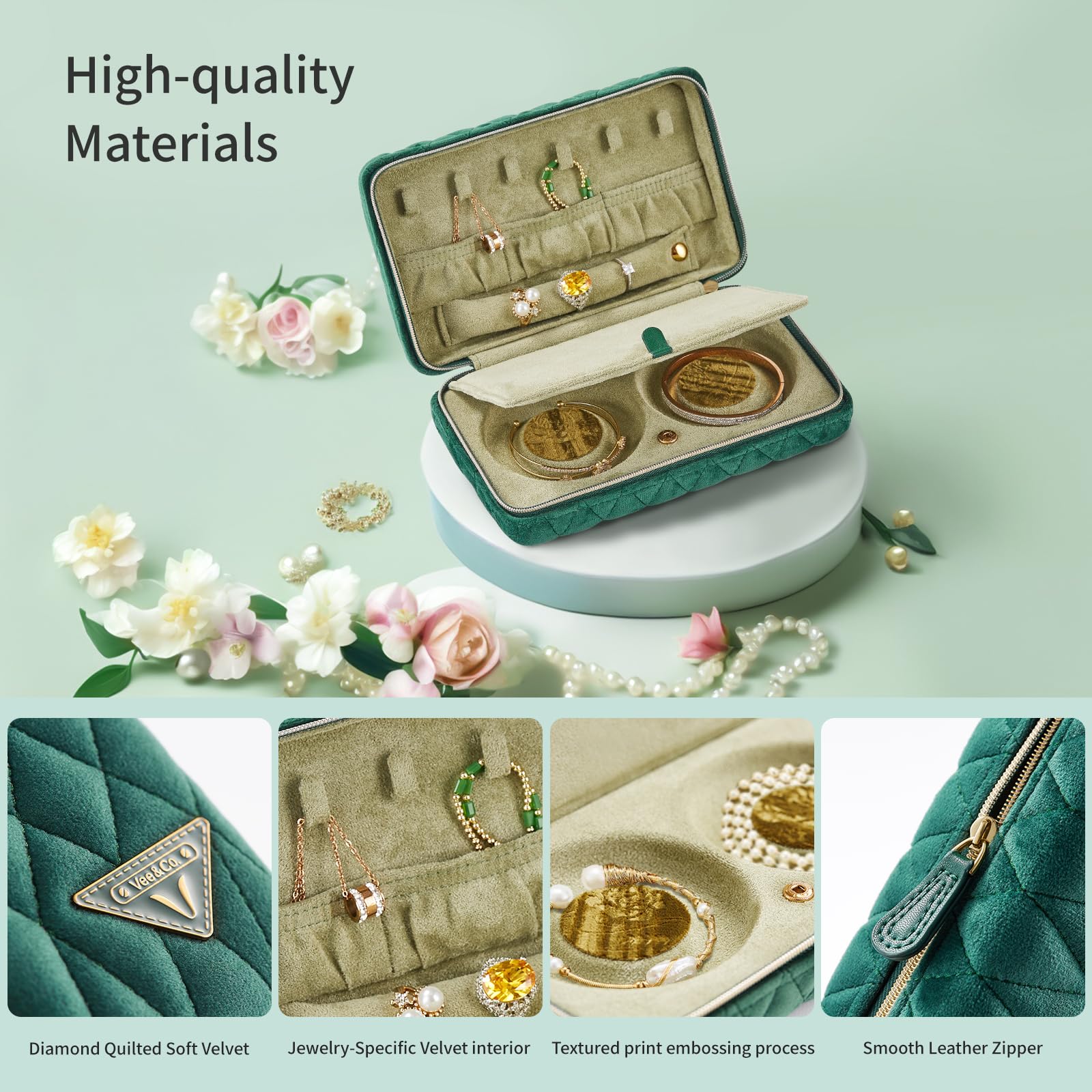 Vee Travel jewelry case,Elegant Diamond Quilted Velvet Jewelry organizer, Jewelry box for organizing bracelets necklaces rings earrings,birthday gifts for women,Green