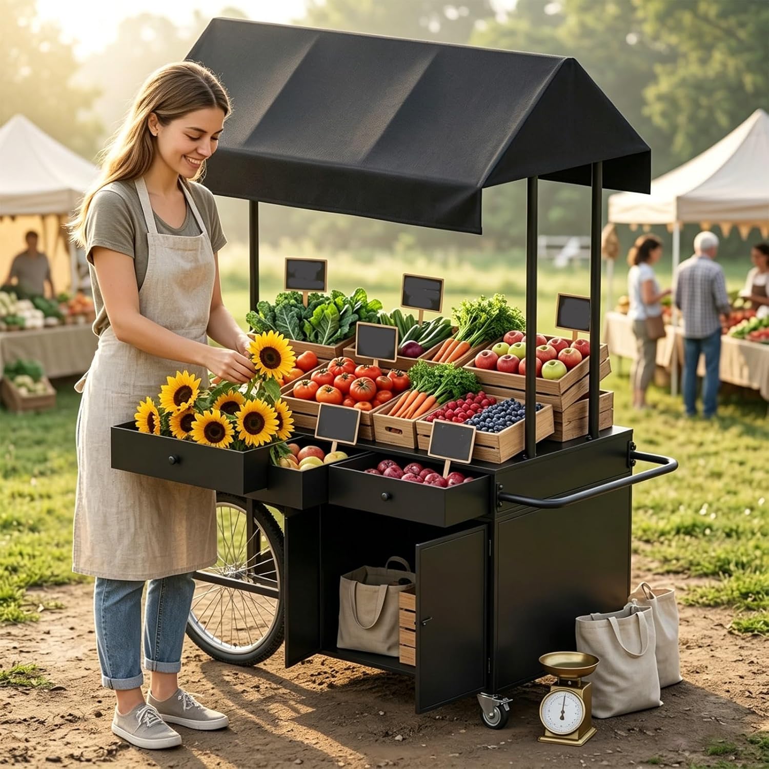 Portable Vendor Cart with Canopy,Outdoor Vendor Cart Mobile Food Display Stand,for Farmers Market Street,Vendor's Dessert Stall,Street Food