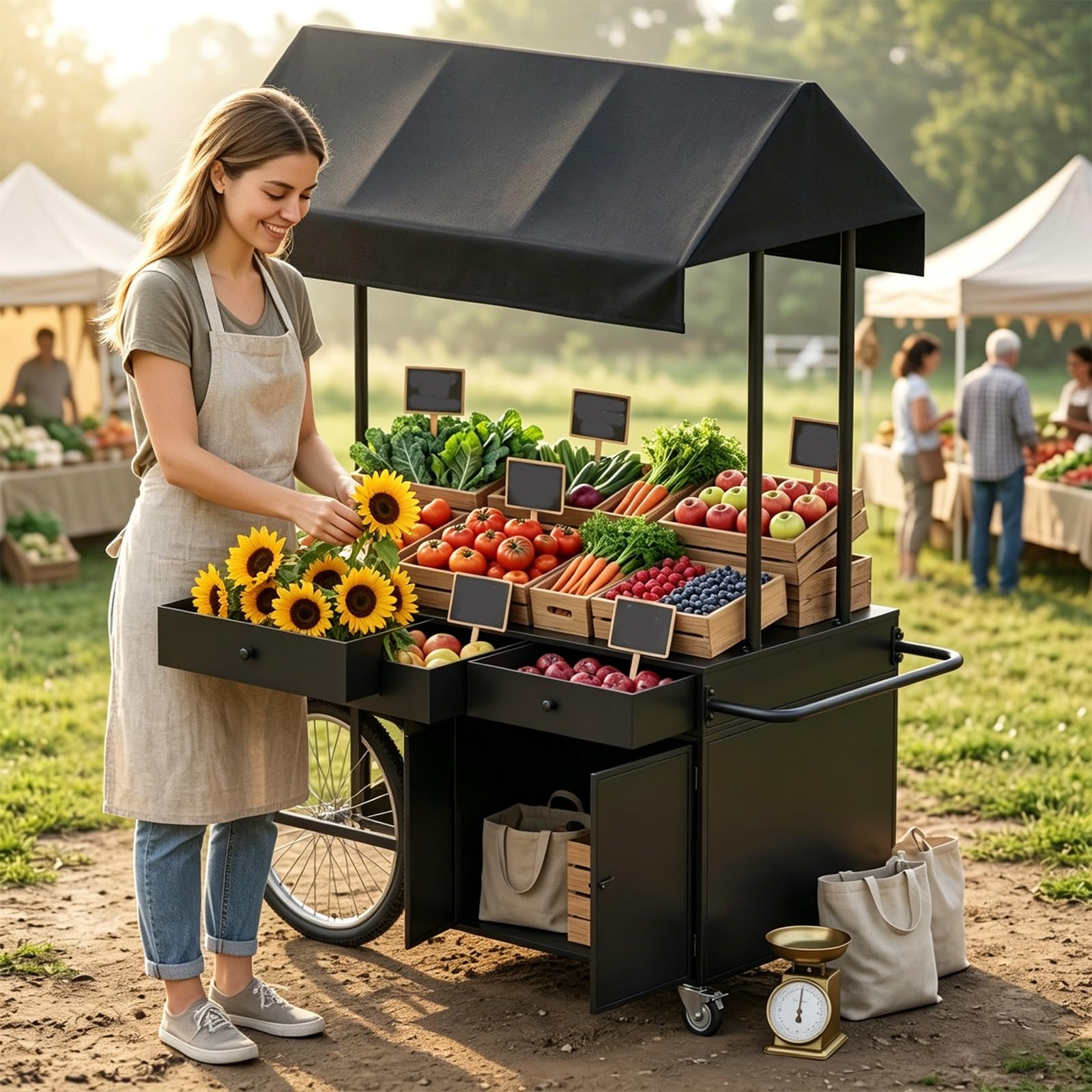 Carro de Venta portátil con toldo Puesto móvil de exhibición de Alimentos para Exteriores Ideal para mercados agrícolas y Calles Puesto de postres y Comida callejera