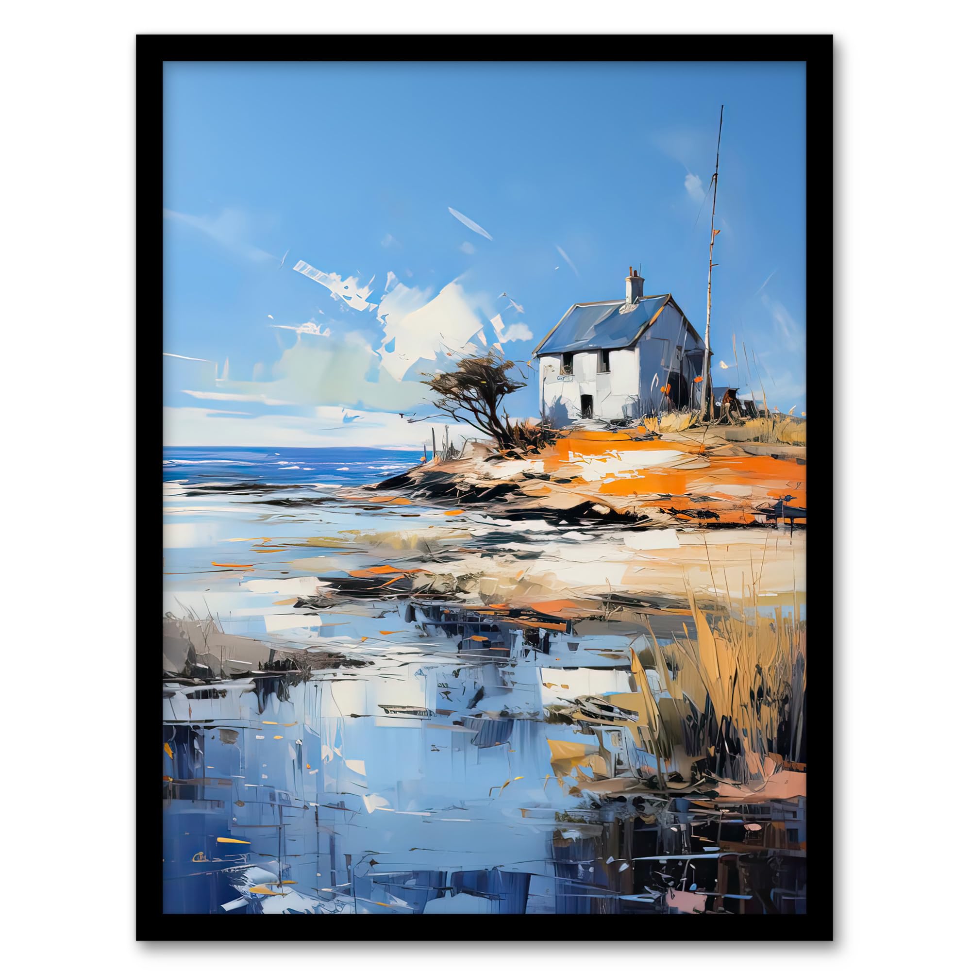 Artery8 The Old White Crofters Cottage Oil Painting Palette Knife Blue Orange Serene Scottish Coastal Landscape Artwork Framed Wall Art Print A4
