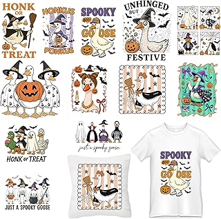 Glenmal 24 Sheets Halloween Goose Iron on Transfers DTF Transfers Ready to Press Halloween Goose Patches for T-Shirts Canvas Bag Pillow Hoodie DIY Craft Decoration