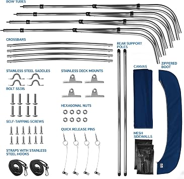 Universal 4 Bow Bimini Tops for Boats with Detachable Mesh Sidewalls, 900D Marine Canvas, Sun Shade Boat Canopy Kit, Bimini Top Hardware, Frame, Support Poles, Storage Boot, 54-60 W, Navy Blue