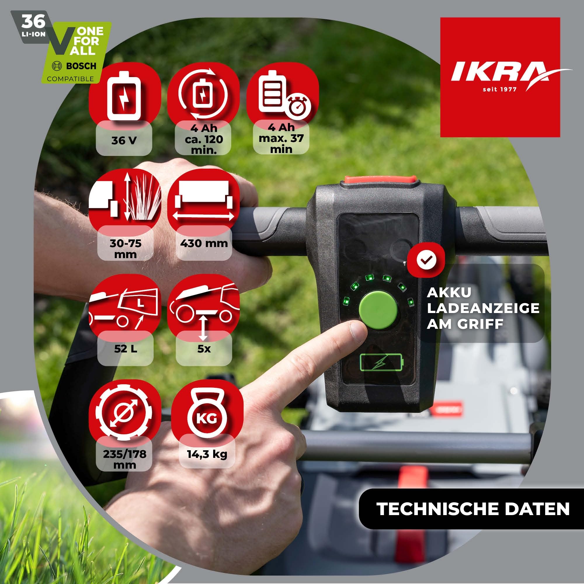 IKRA Rasenmäher IB-LM 43, 3in1, Breite 43cm, ohne 36V Akku & Ladegerät | Kompatibel mit Bosch, Rasenflächen bis 600m², Schnitthöhe 30-75mm, Fangkorb 52l, Batterieladeanzeige am Griff, inkl. Mulchkit