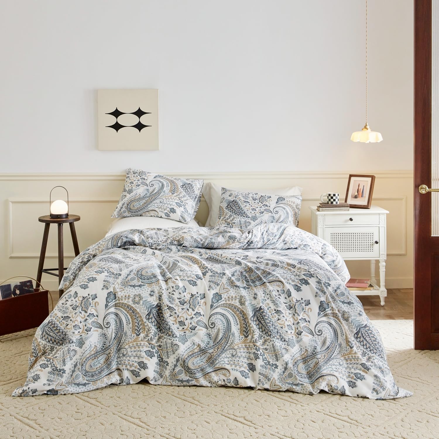 SUSYBAO Boho Paisley Duvet Cover Queen 100% Cotton 3 Pcs Set 1 Blue Bohemian Floral Duvet Cover with Zipper Ties 2 Pillowcases Classical Brown Flower Bedding Set Soft - Image 2