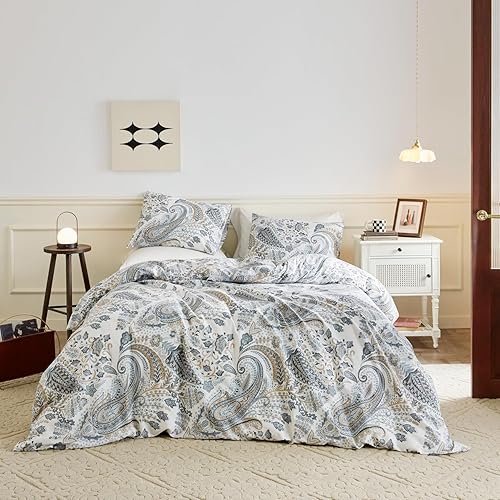 Miniatura 2 de SUSYBAO Juego de funda de edredón de cachemira, tamaño King, 100% algodón, bohemio, floral, juego de 3 piezas, 1 funda de edredón retro con lazos de