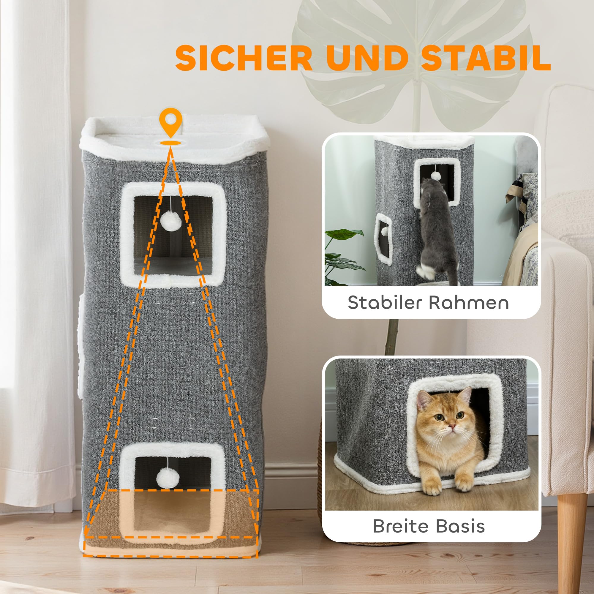 PawHut Kratztonne 100 cm Hoch 41 x 41 cm vierstöckige Katzentonne mit Spielball, Plüschrand, Katzenhöhle, Kratzbaum für 1-2 Katzen unter 7kg, Grau