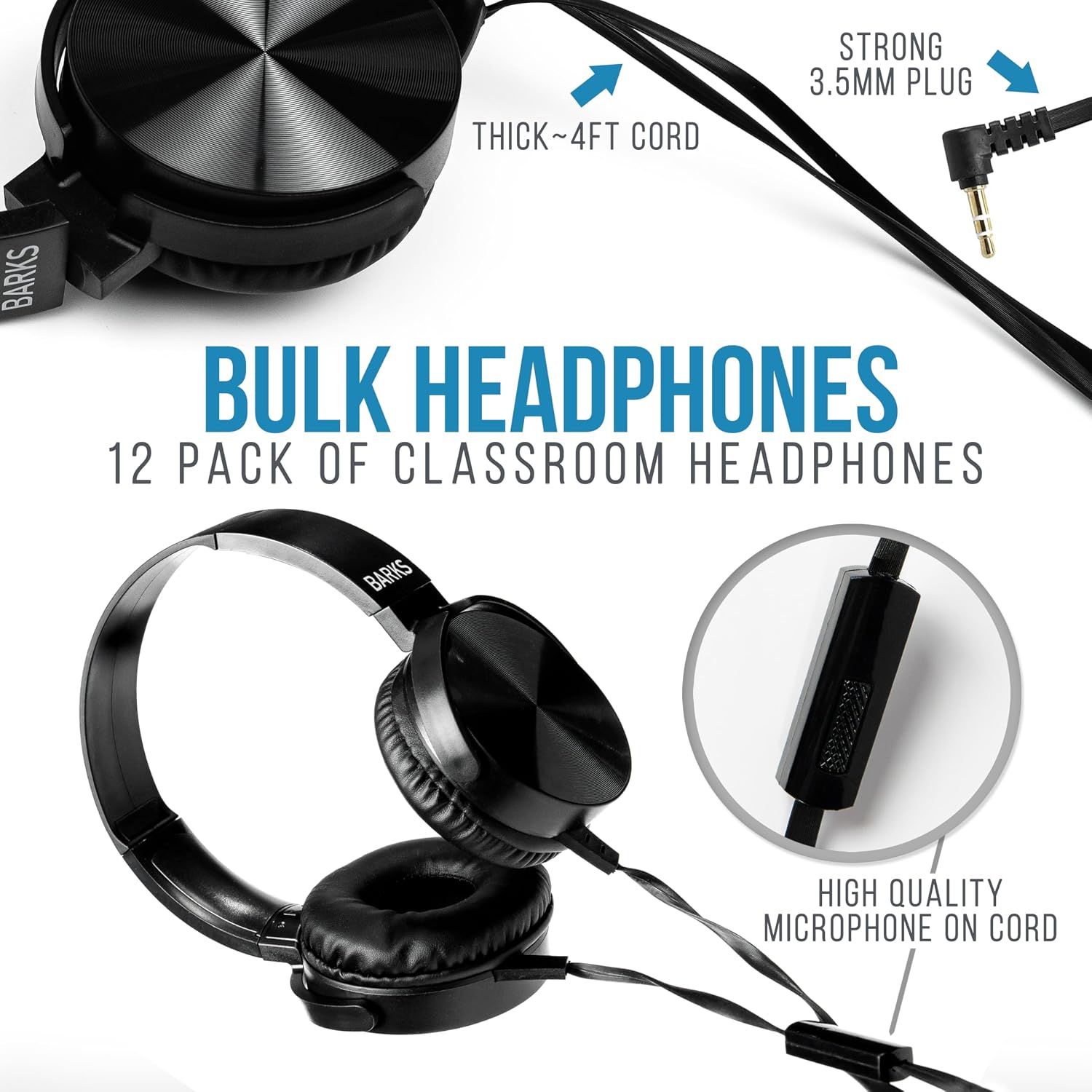 Barks Classroom Headphones with Microphone (Black, 12 Pack) - Wired 3.5mm On-Ear Bulk Headphones for Classroom: Best for Students K-12 Schools (Durable, Inline Microphone, Great Recording Quality)