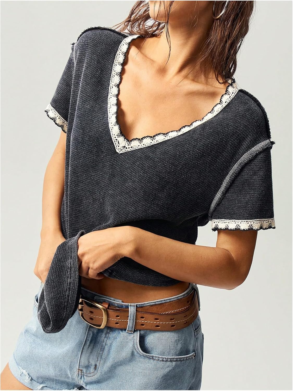 Women's V Neck Washed T Shirts Short Sleeve Loose Tee Tops Summer Clothes - Image 4