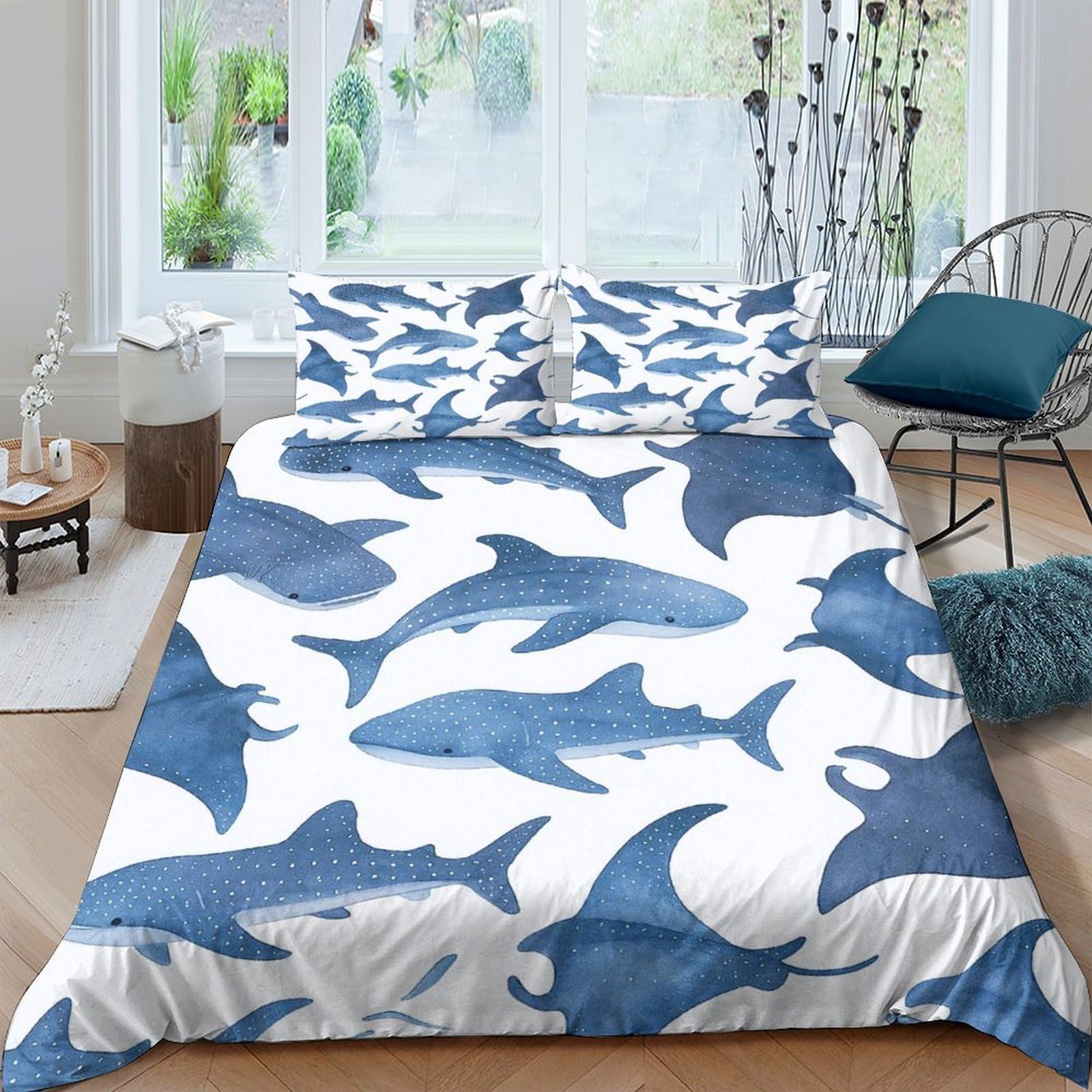 Ctjqhvkz Style-3 3D Printed Blue Shark Fitted Sheet Microfiber Soft Breathable Ocean Fish Mattress Cover For Bedroom Guest Room Decor Single（135X200cm）