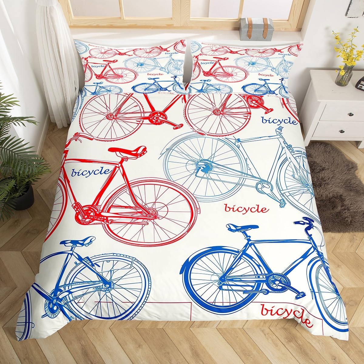 Erosebridal Bicycle Duvet Cover King Size No Comforter, Bike Geometric Simple Printed Lightweight Bedding Set, Vehicles Vintage Kids Teens Bed Set for Bedroom, Red White Modern Cozy Bedroom Set