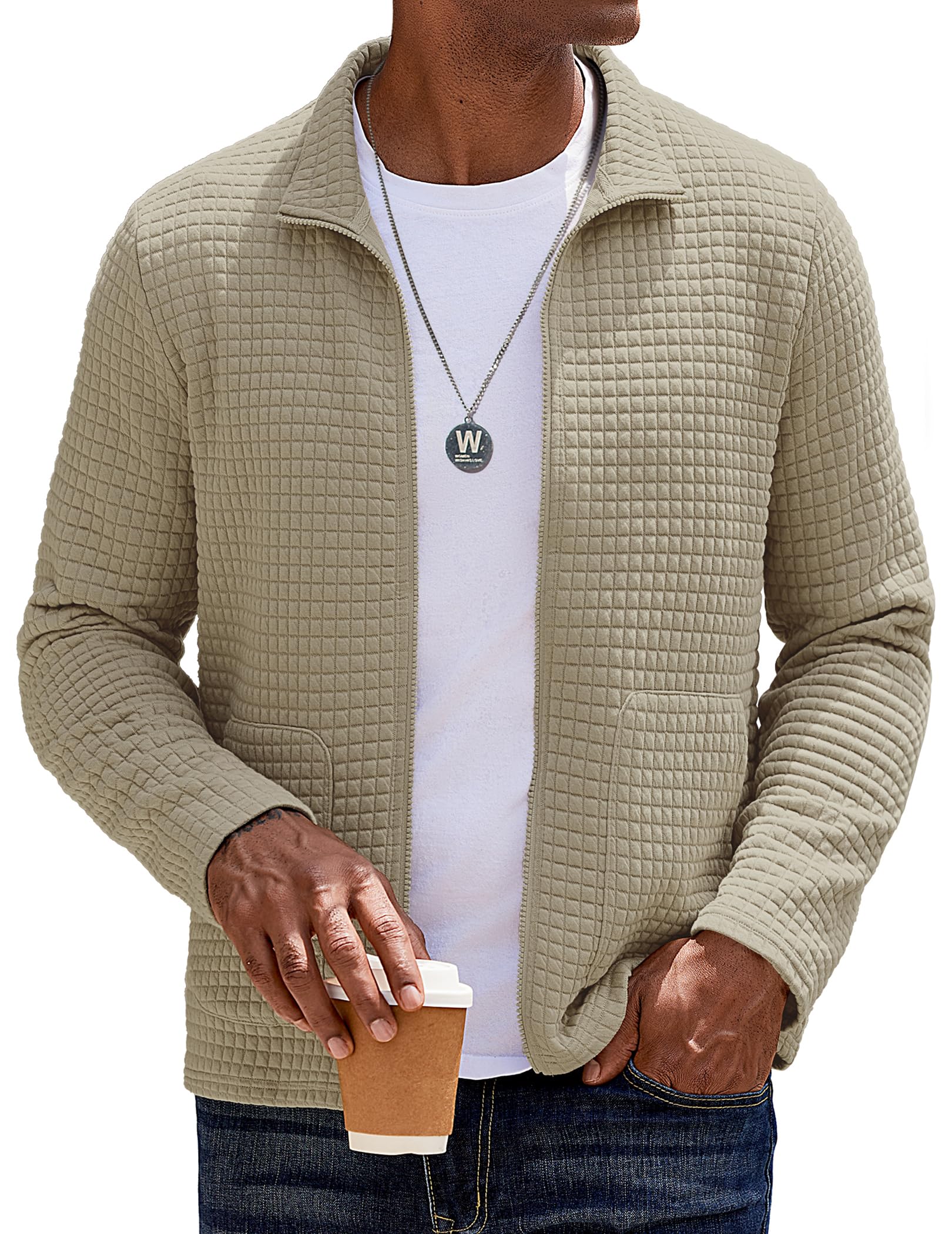 COOFANDY Men's Lightweight Varsity Jacket Casual Bomber Jackets Waffle Zip Up Coat with Pocket