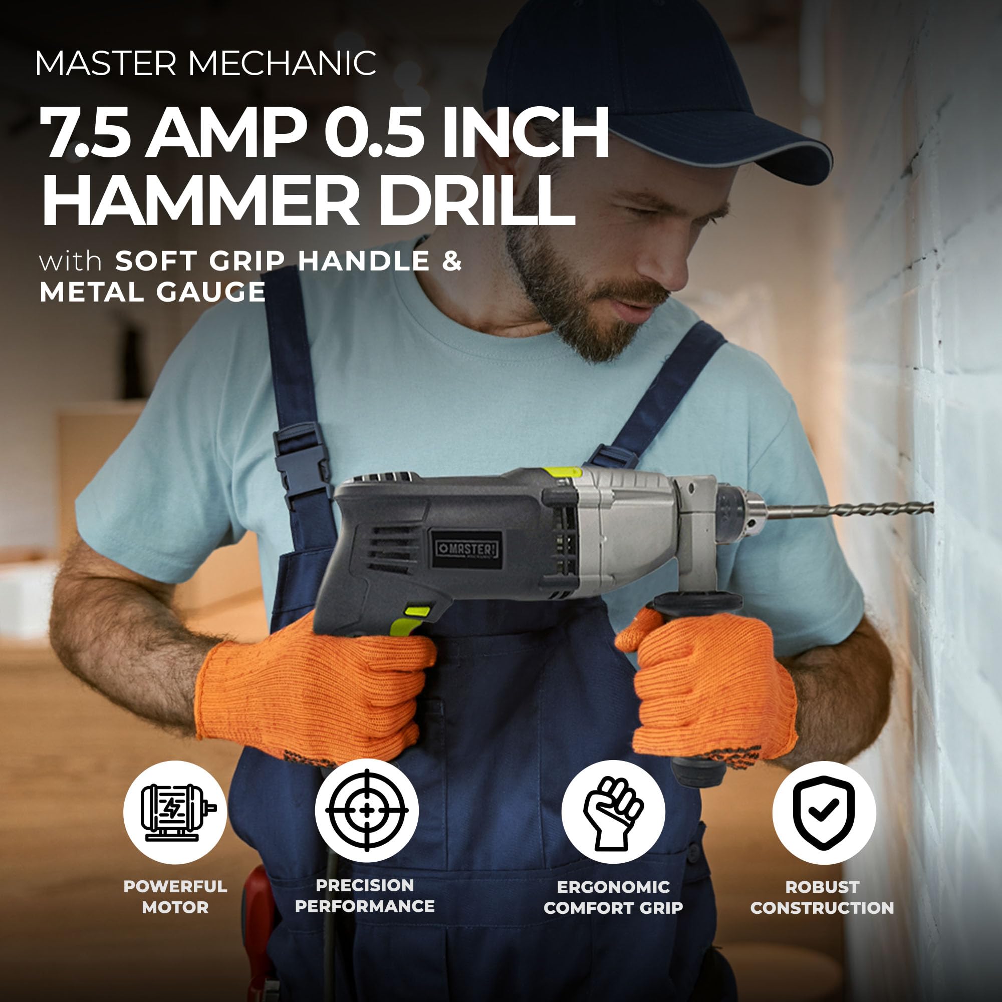 Master Mechanic Trapano a percussione con motore da 7,5 Amp da 1,3 cm con impugnatura morbida, misuratore di profondità in metallo e chiave per mandrino in metallo per utensili elettrici domestici