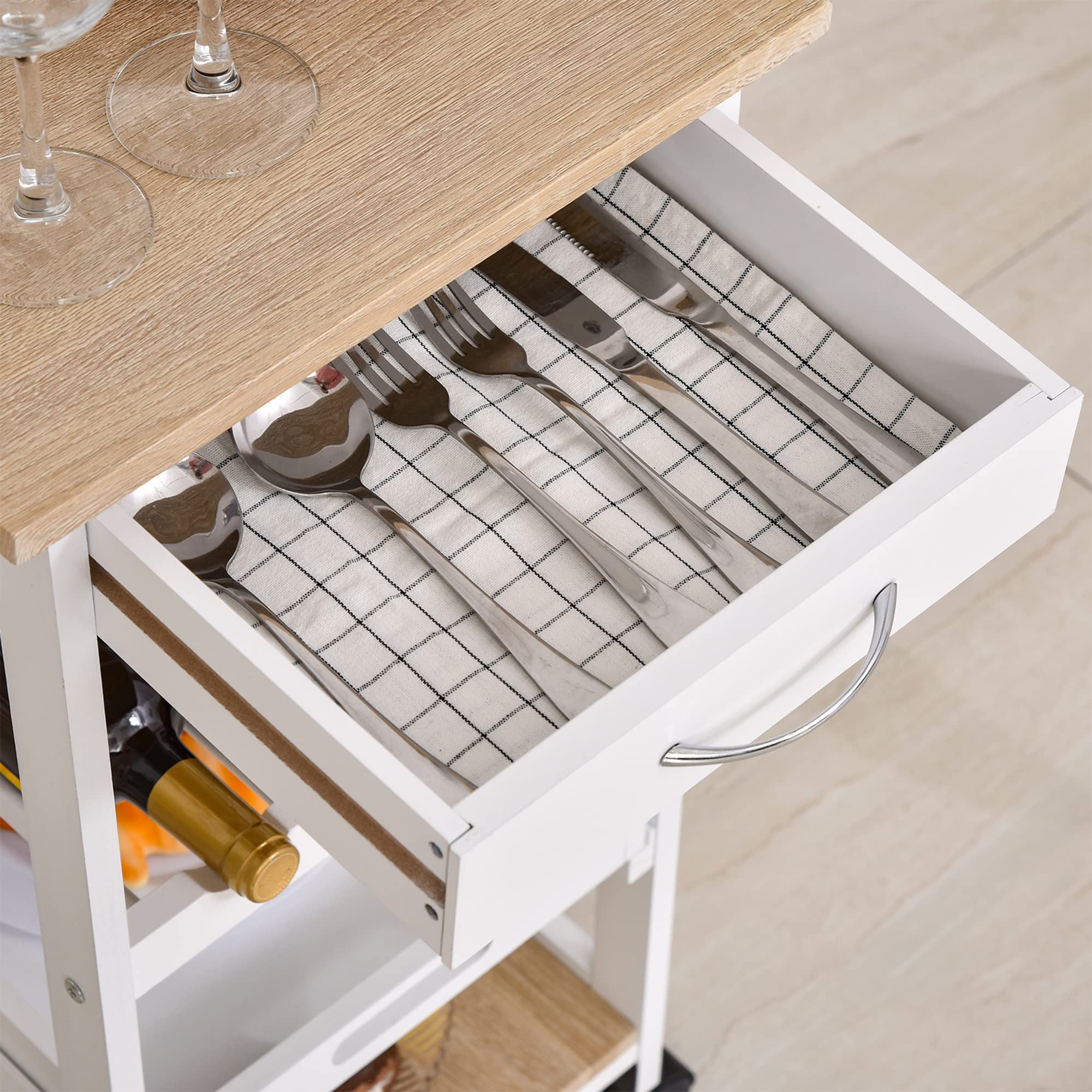 HOMCOM Chariot de Service à roulettes Tiroir Bois de Pin Blanc Chêne Clair | Desserte de Cuisine, Plateau Amovible, Tiroir, Bois de Pin MDF