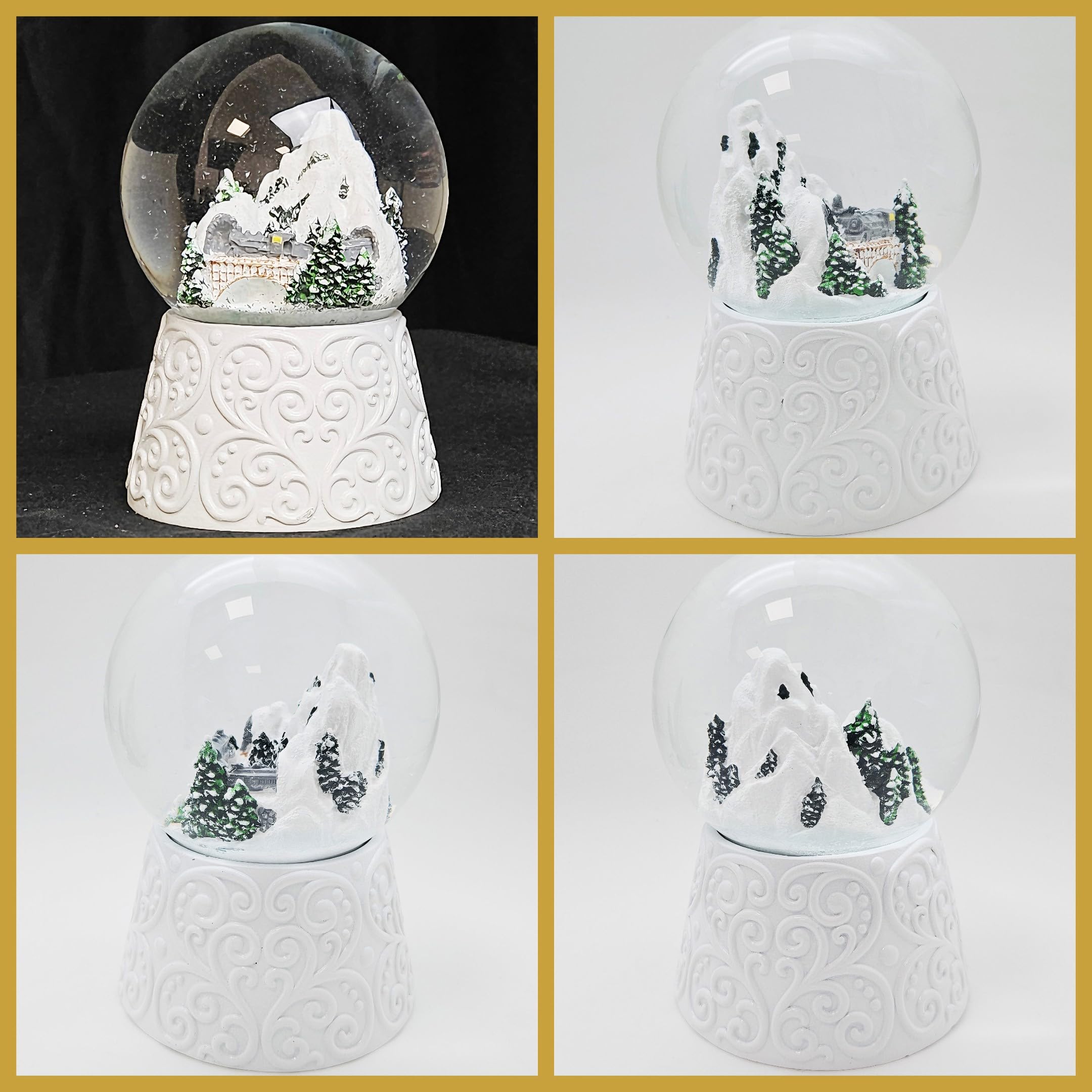 Weihnachts-Schneekugel mit Musik | Berglandschaft mit Brücke | Sockel weiß Ornament | 100mm breit, 140mm hoch | mechanische Spieluhr | Weihnachtsdekoration | 20292