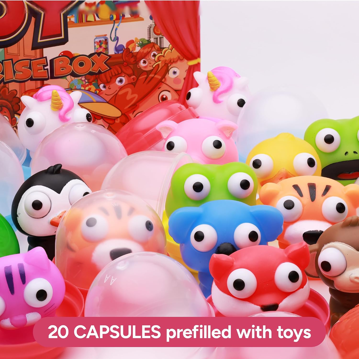 Squeeze Toys Zoo Animals with Pop Out Eyes 20 pack in Gift Box - Fidget Toys Cute Squishies Stress Relief Party Favors Prefilled Goodie Bags Treasure Box Toys for Classroom Pinata Stuffers Easter Eggs