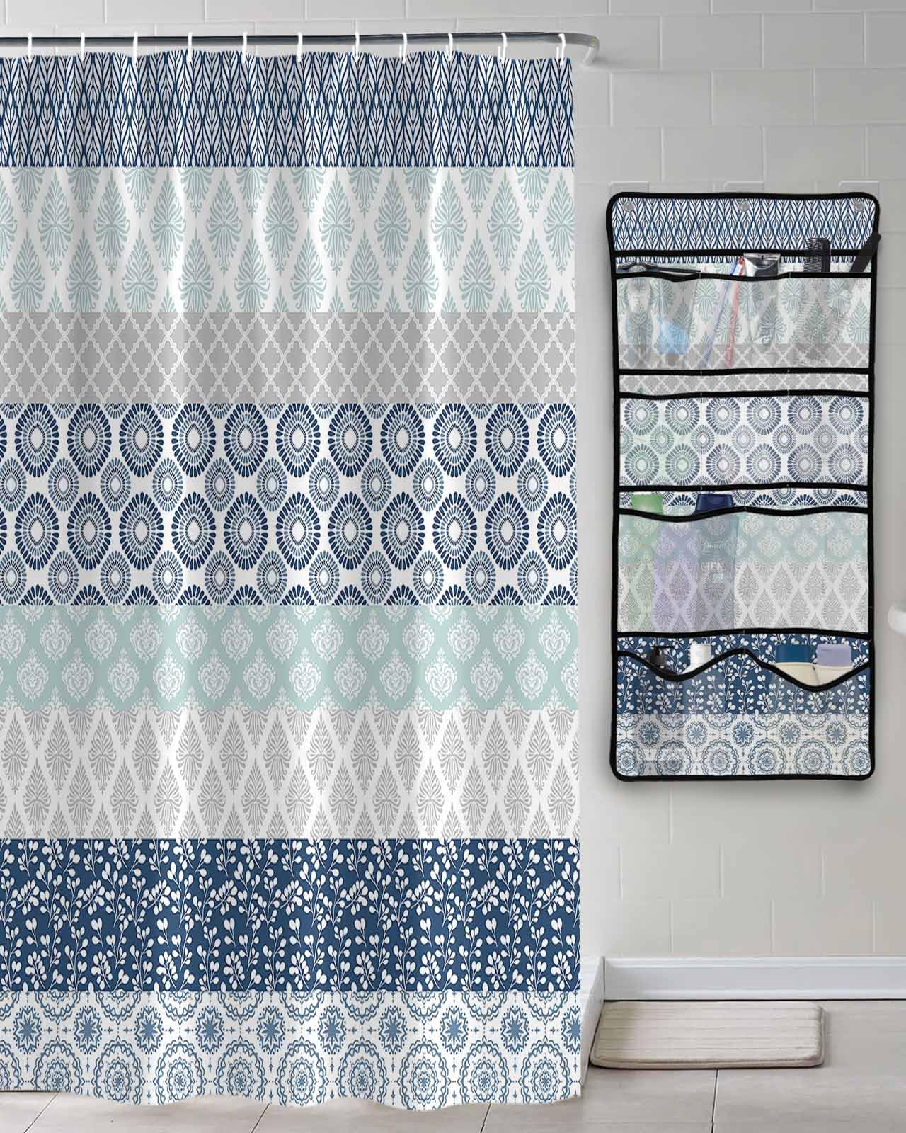 Shower Curtain Mesh Shower Organizer Hanging Set Geometric Bohemia Stripes Gray White and Blue Waterproof Shower Curtains with