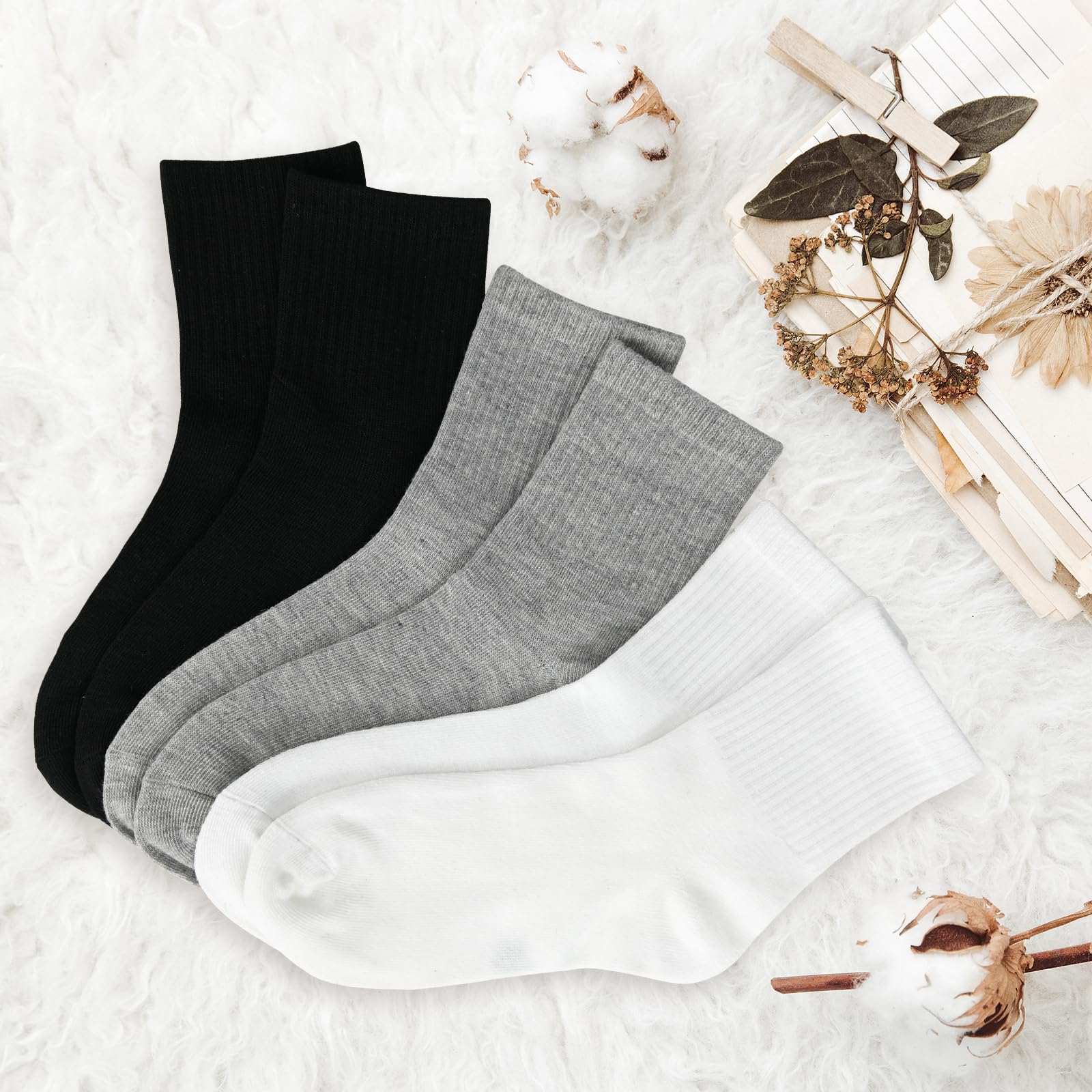 KOOOGEAR Calcetines de algodón para niños y niñas, calcetines deportivos lisos para el regreso a clases, color blanco, negro, gris, transpirable, de algodón, para la escuela, de 3 a 12 años