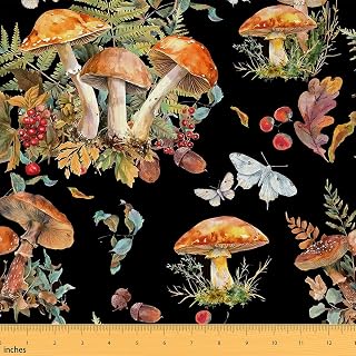 Watercolor Mushroom Fabric by The Yard Colorful Wild Leaves Jungle Butterfly for Girls Teens Adults Rutsic Garden Oil Painting Style Room Decor and DIY Upholstery 1