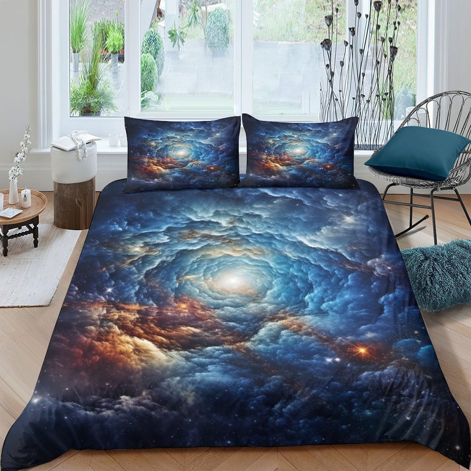 Housse de couette hypoallergénique King size zippée motif nébuleuse 3 pièces