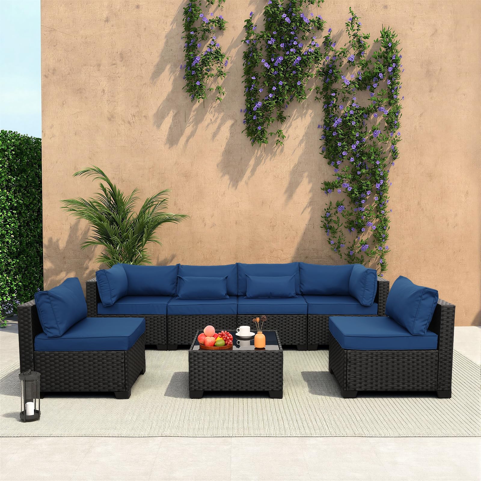 Lviden 7-Piece Outdoor PE Wicker Furniture Set with Navy Blue Cushions and Glass Top Table