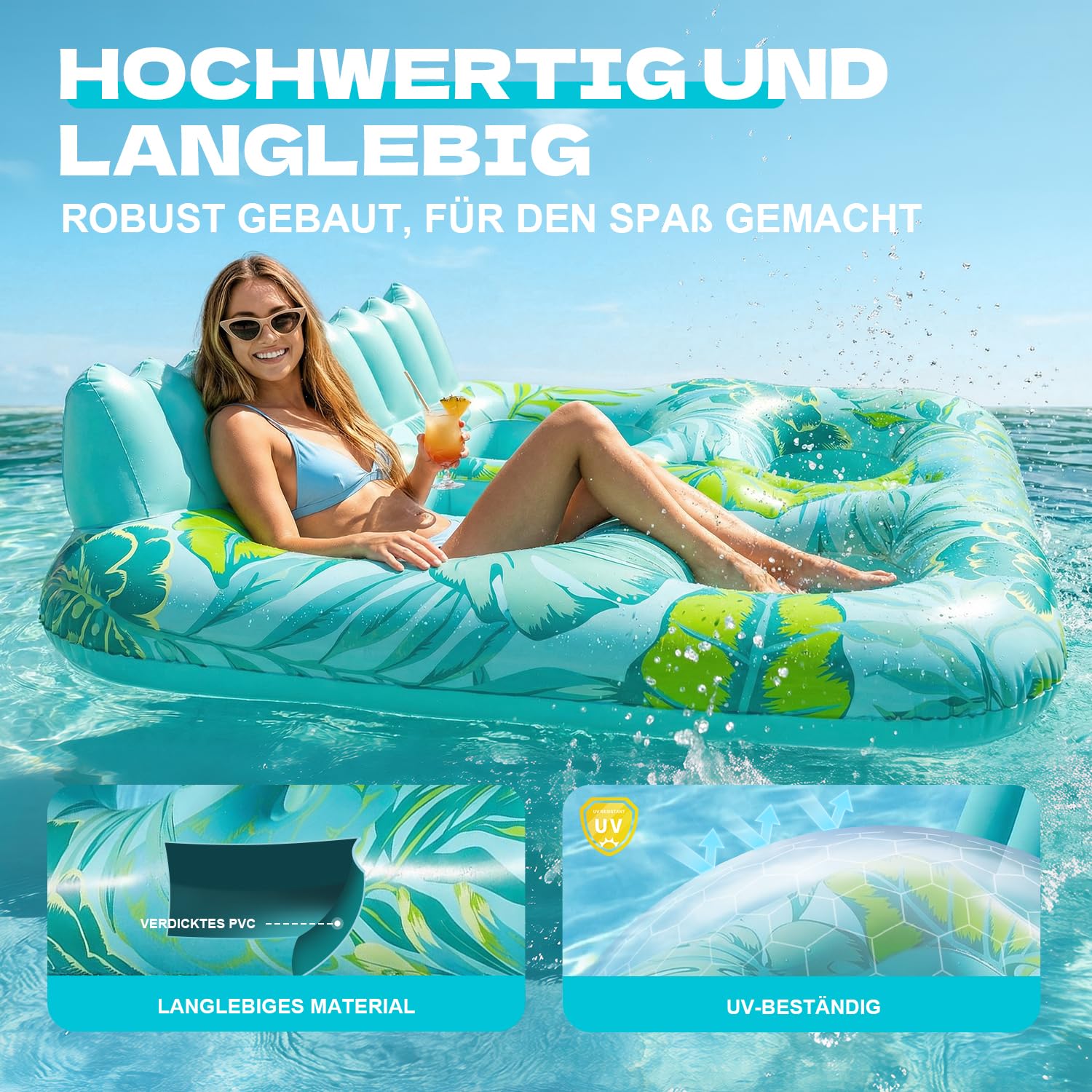 SOLAVERO Luftmatratze Pool Erwachsene 180x156cm, Groß Luftmatratze Wasser für 2 Personen mit Rückenlehne & Fußstütze, Aufblasbare Poolliege Badeinsel XL mit Getränkehaltern, Pool-Flöße für Wasserparty