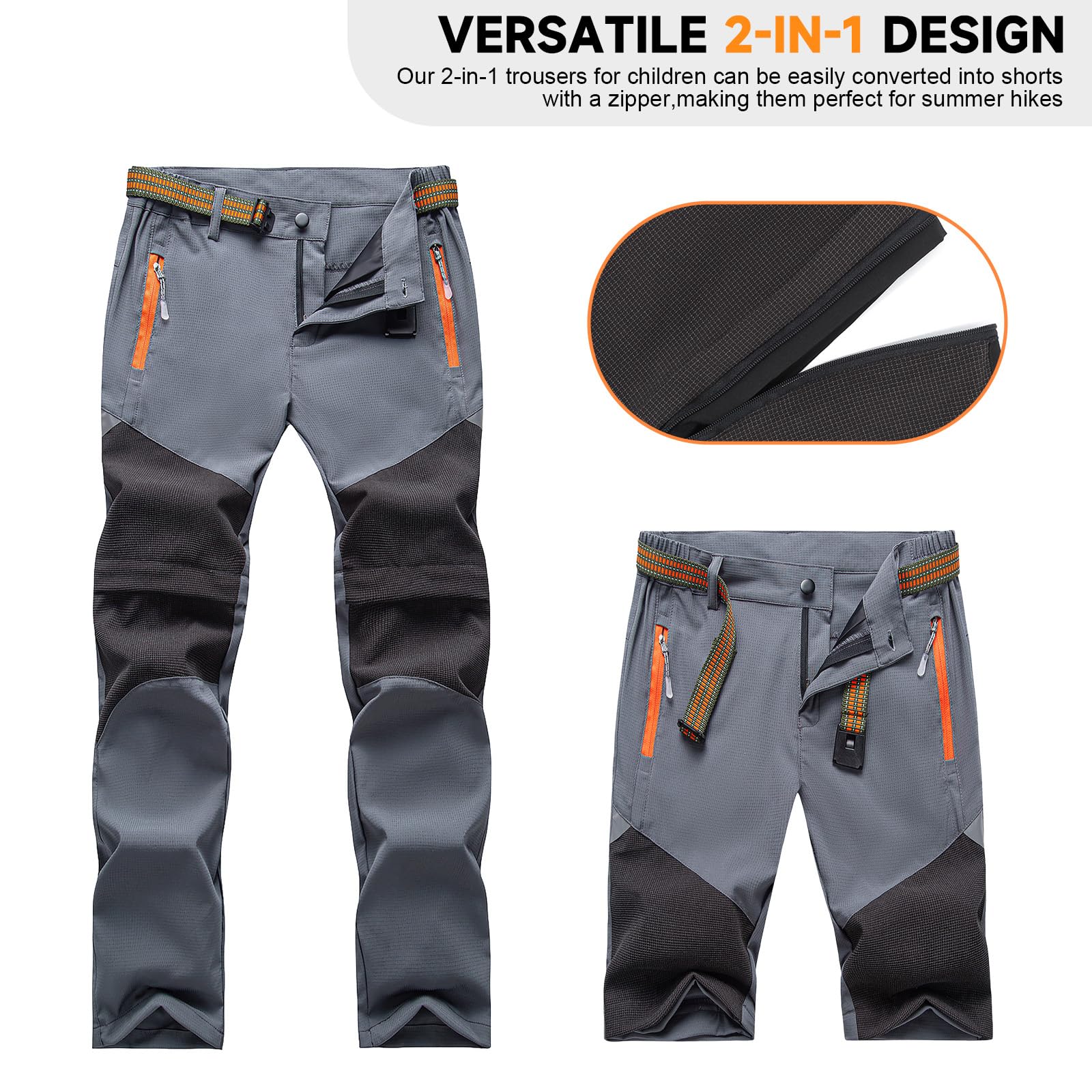 BWBIKE Pantalones de Senderismo 2 en 1 con Cremallera para Niños, Pantalones Ligeros de Secado Rápido para Exteriores, Convertibles en Shorts para Primavera, Verano y Otoño