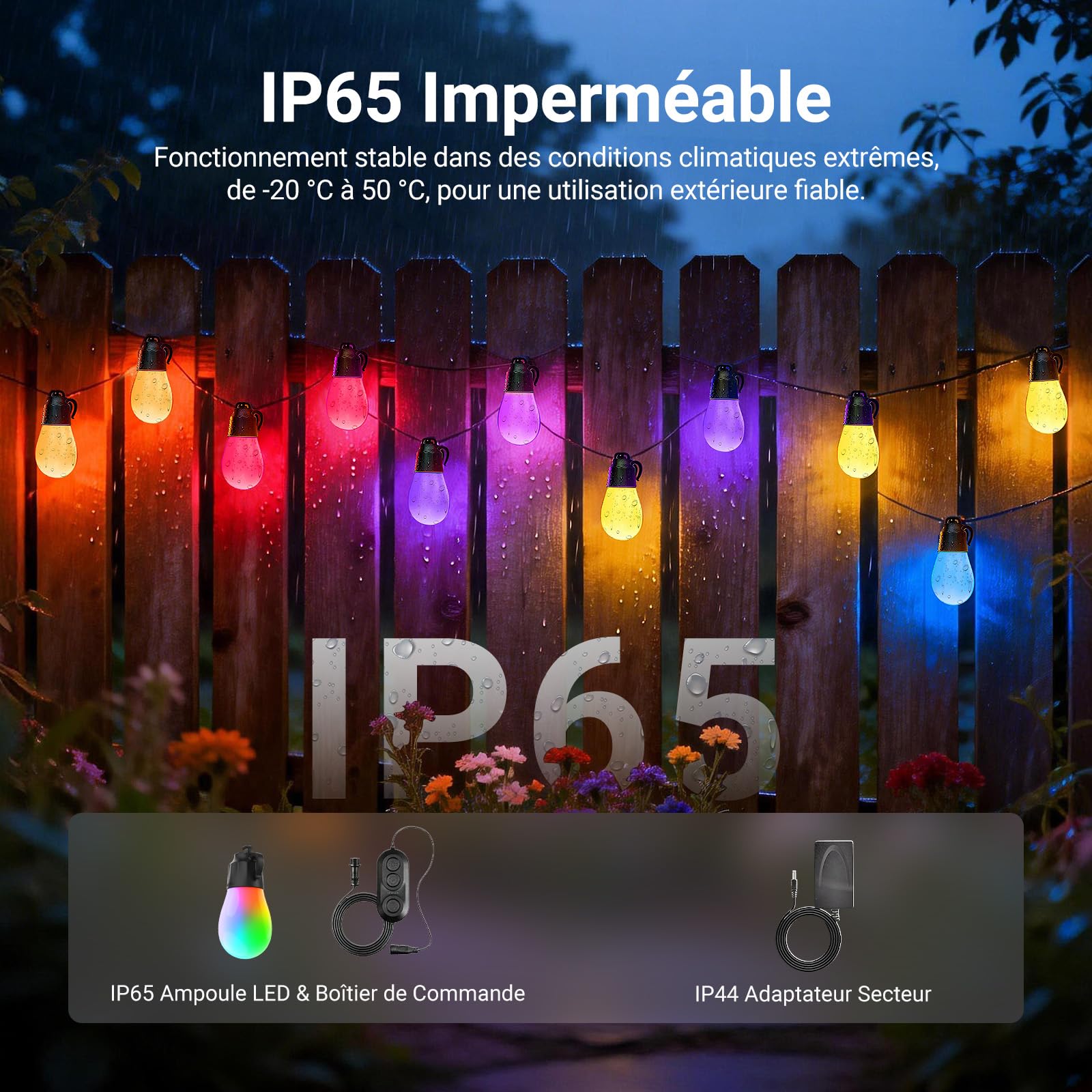 NEEWER NR01 Guirlande Extérieure 96ft,Smart AI RGBW avec App | Intensité Variable,IP65 Étanche,30 Ampoules LED,50+ Ambiances,2700K-6500K,Compatible avec Alexa Google