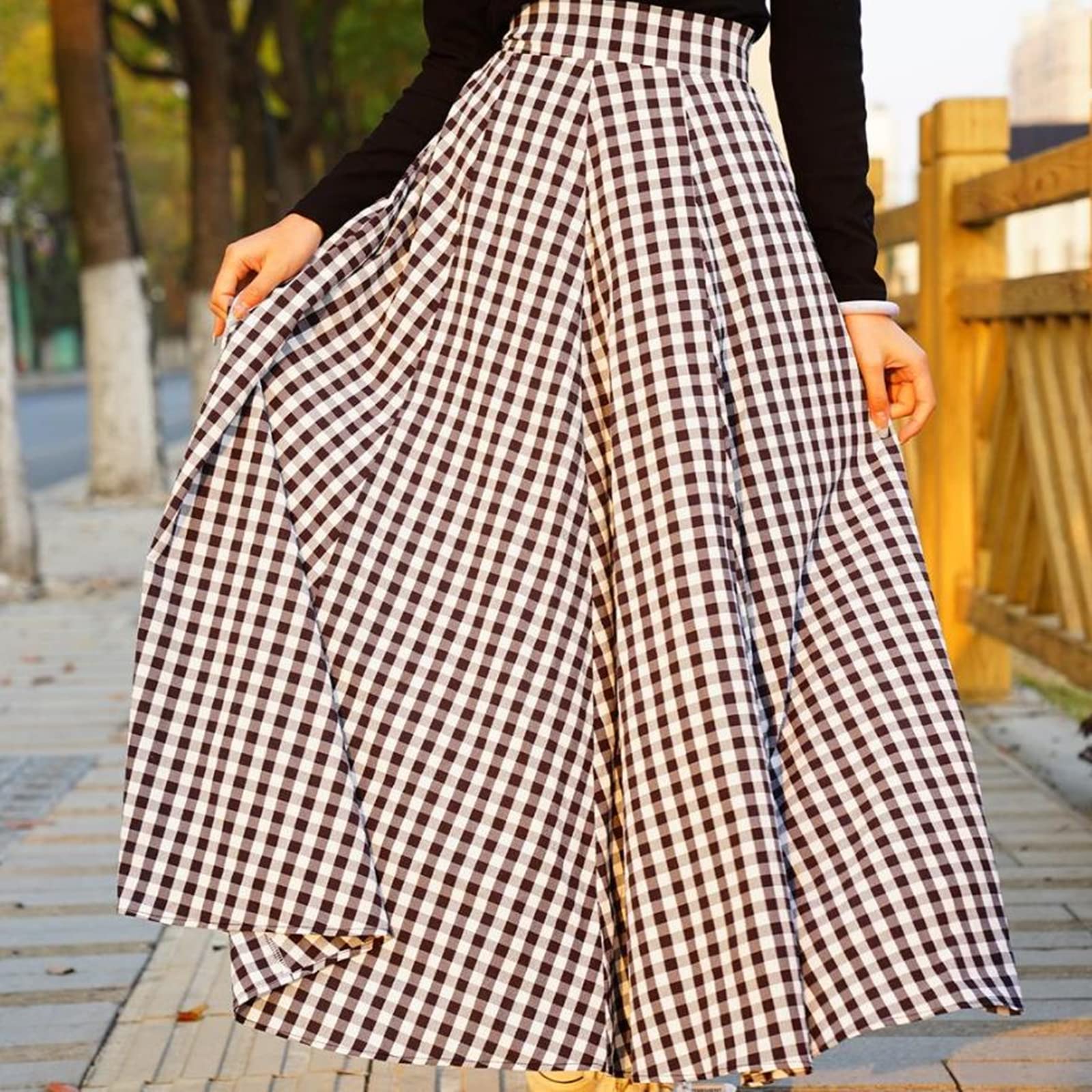 Falda larga a cuadros para mujer, falda larga de cintura alta, vestido largo, casual, elástico, falda acampanada para mujer, Negro, XXXXL
