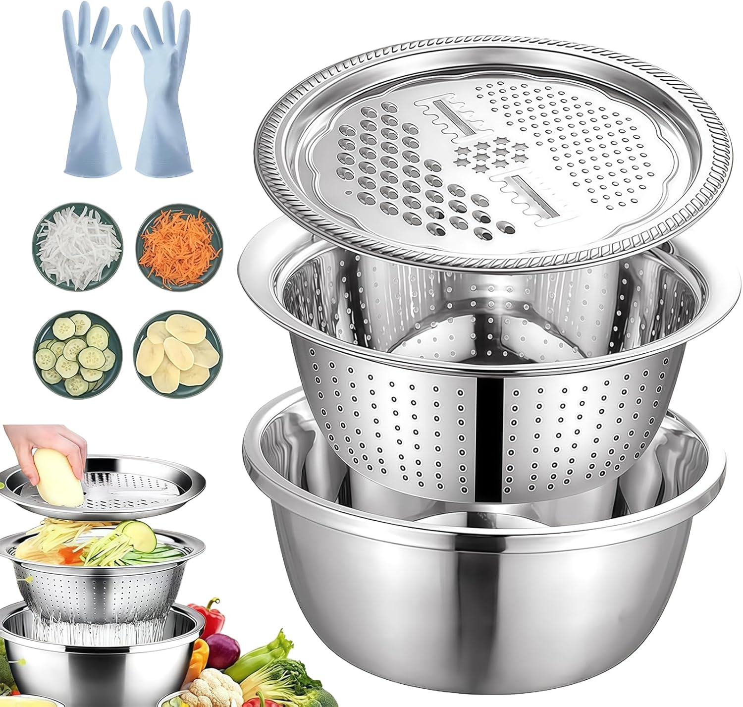 German Quality 3-in-1 Stainless Steel Grater Bowl, 2026 New Grater Bowl Stainless Steel for Vegetable Drainage & Grating, Kitchen Grater Set for Salad, Vegetable Prep (30 cm / 11.81 in)